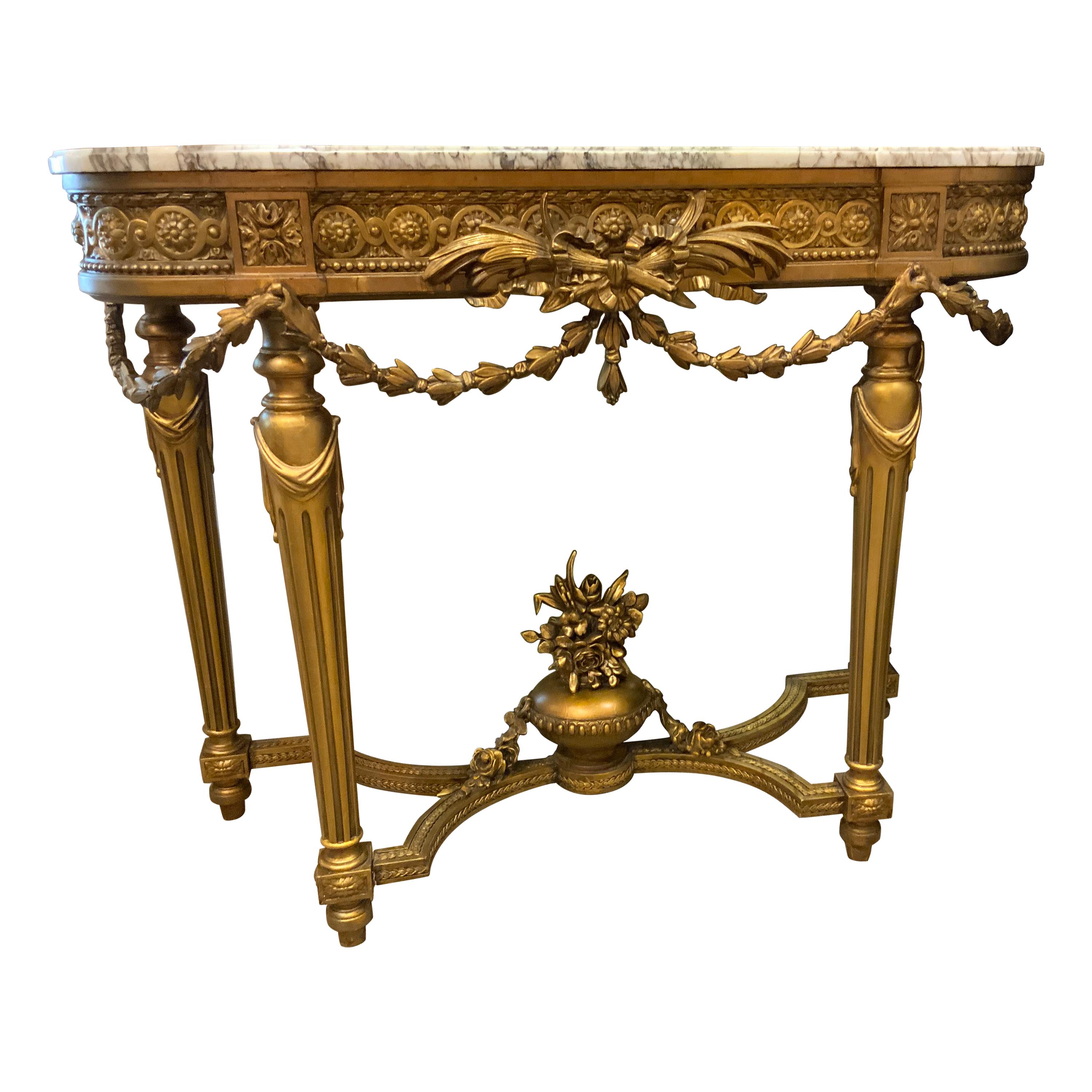 French Louis XVI-Style Giltwood and Carved Marble Top Console, 19th Century