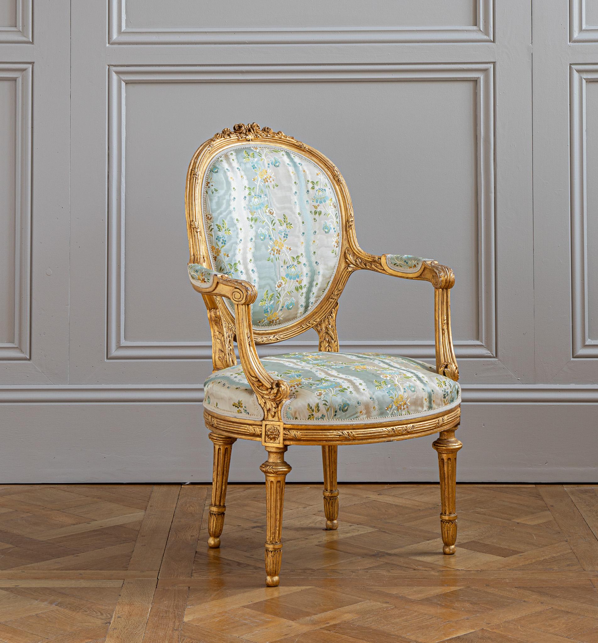 French Louis XVI Style Giltwood Armchair & Foot stool, Circa Late 1800's For Sale 4