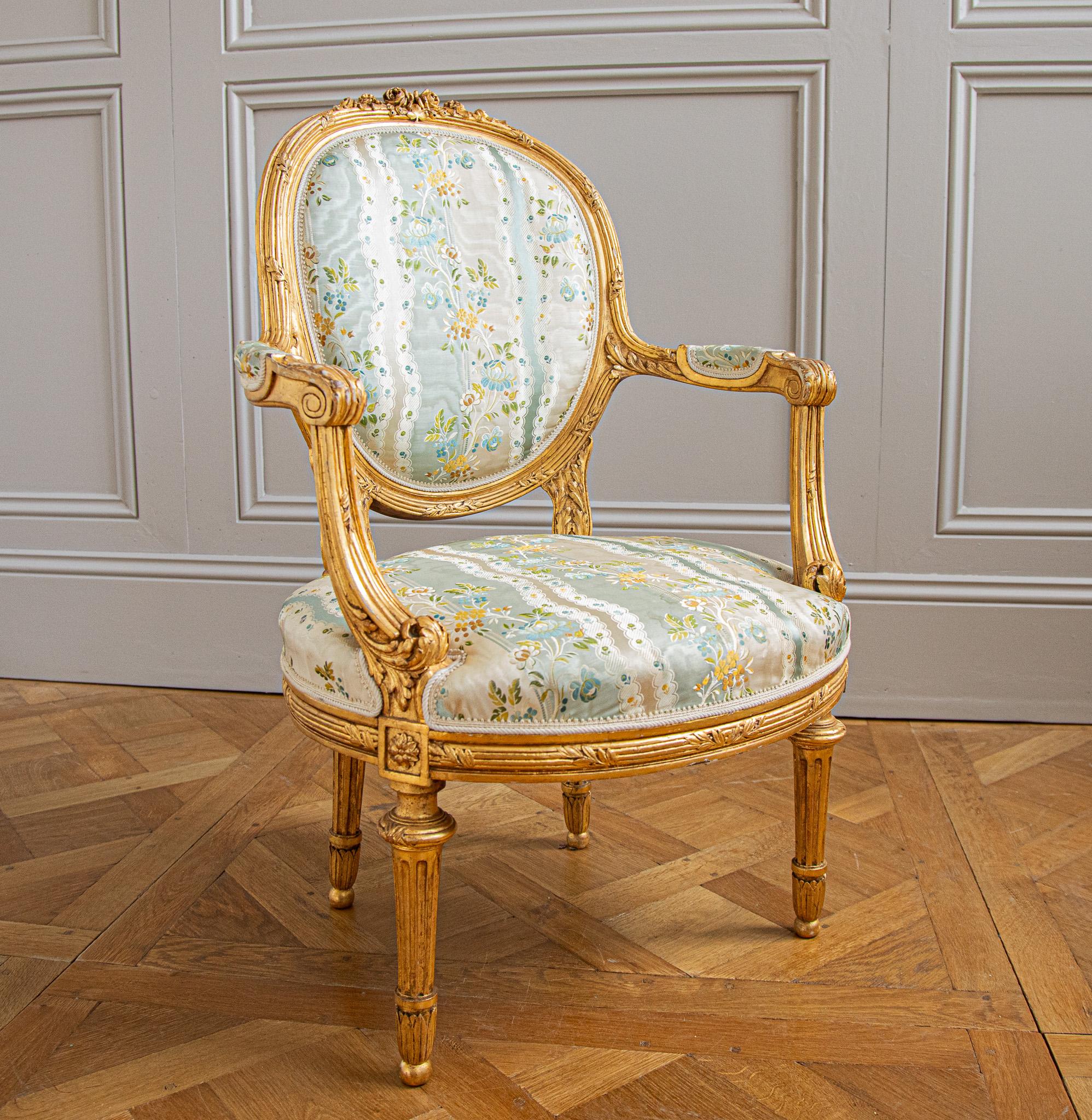 19th Century French Louis XVI Style Giltwood Armchair & Foot stool, Circa Late 1800's For Sale