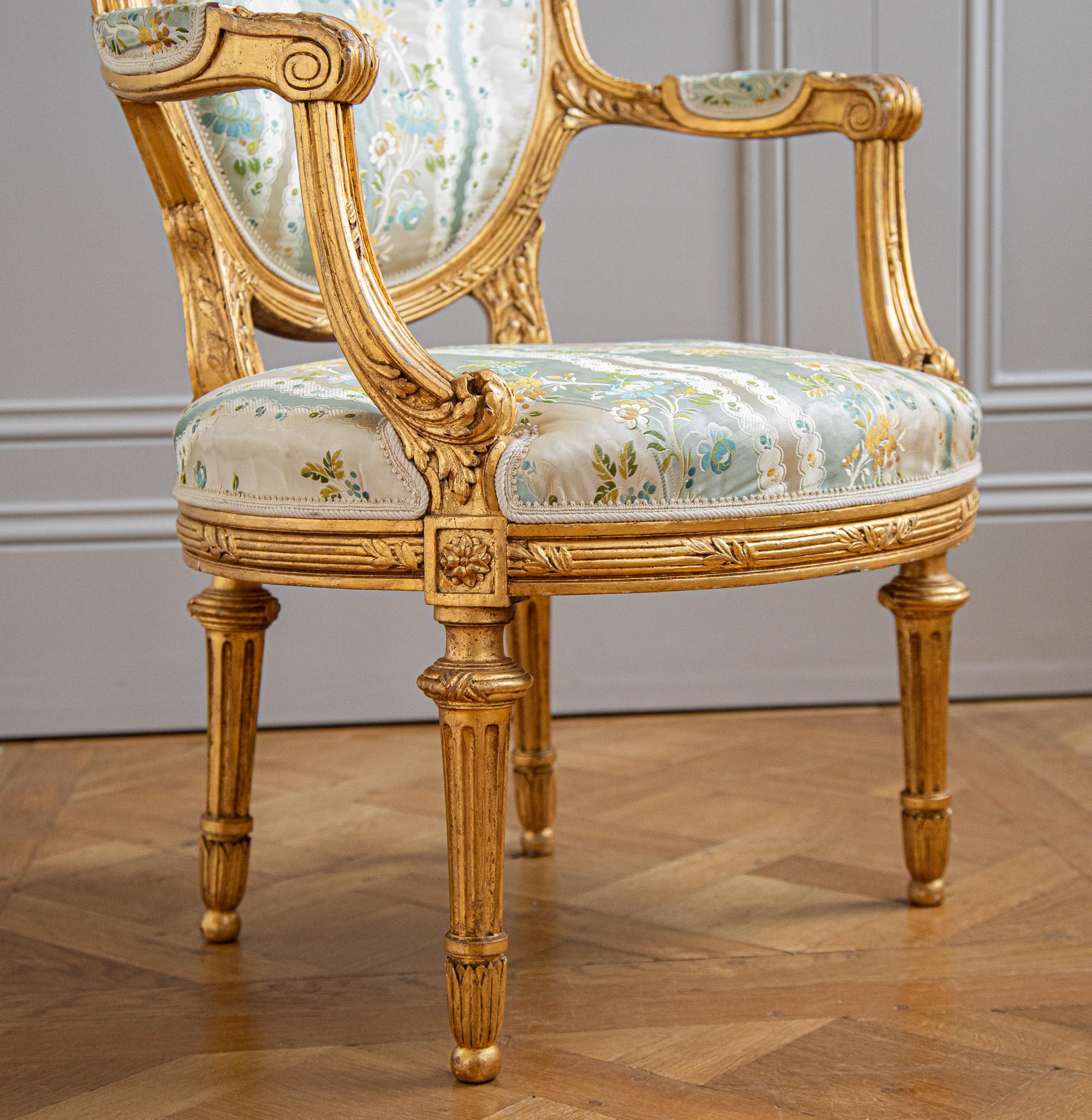 Hardwood French Louis XVI Style Giltwood Armchair & Foot stool, Circa Late 1800's For Sale