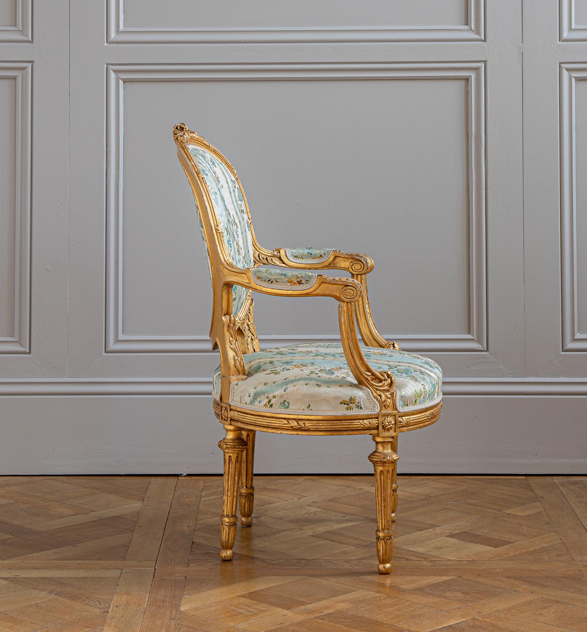 French Louis XVI Style Giltwood Armchair & Foot stool, Circa Late 1800's For Sale 1