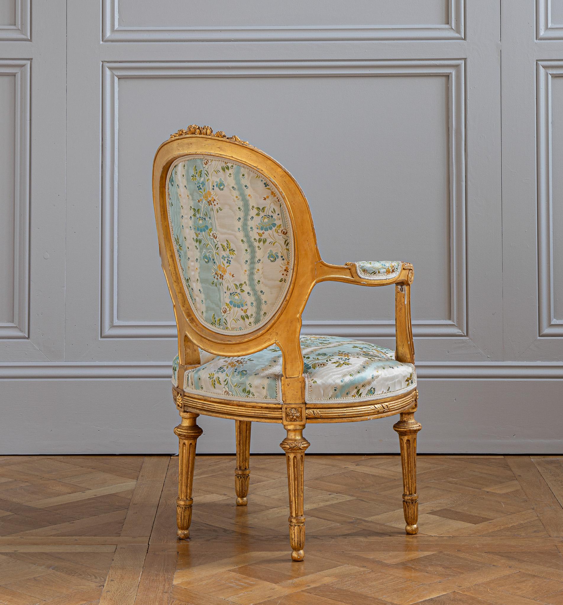 French Louis XVI Style Giltwood Armchair & Foot stool, Circa Late 1800's For Sale 2