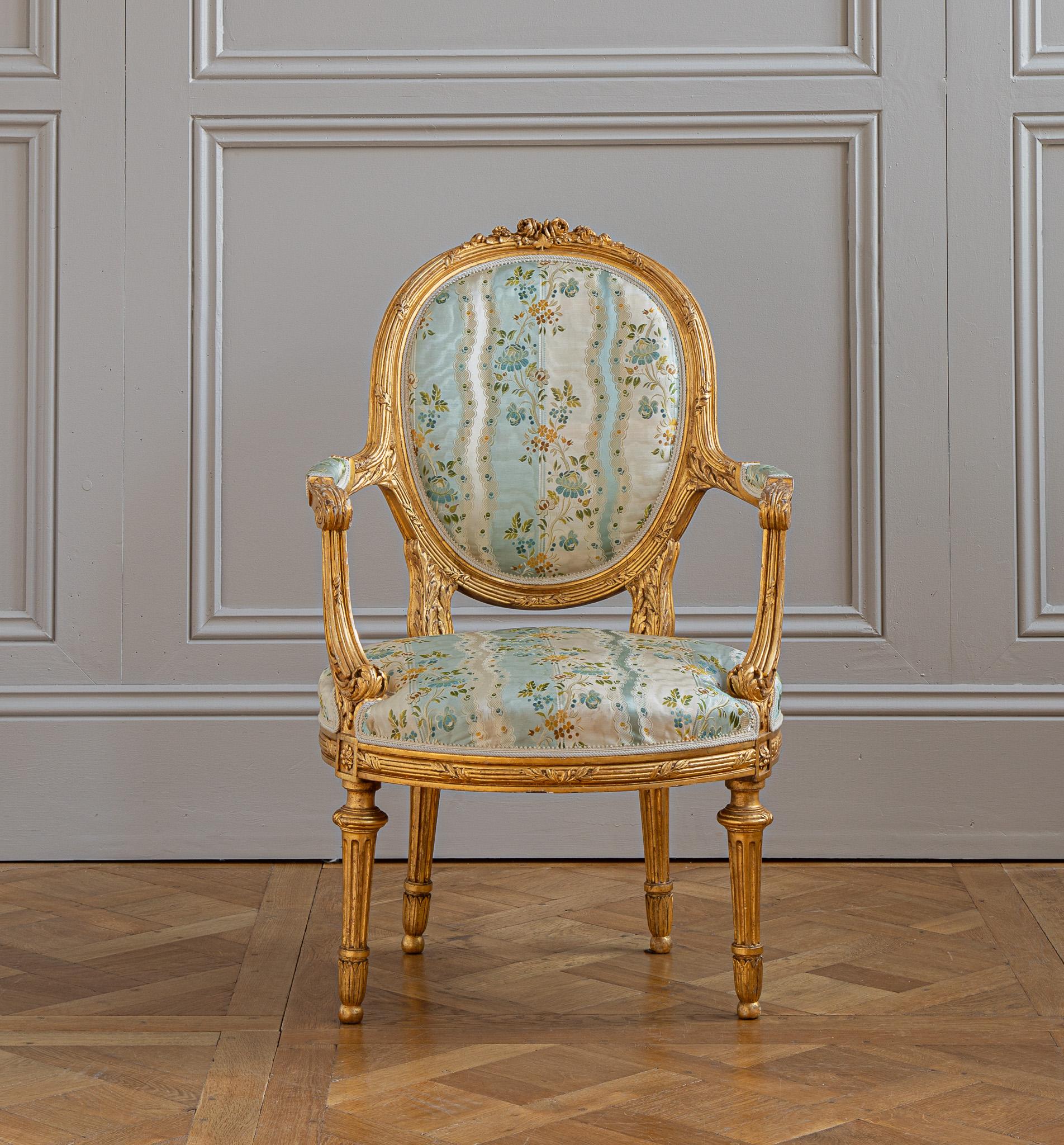 French Louis XVI Style Giltwood Armchair & Foot stool, Circa Late 1800's For Sale 3