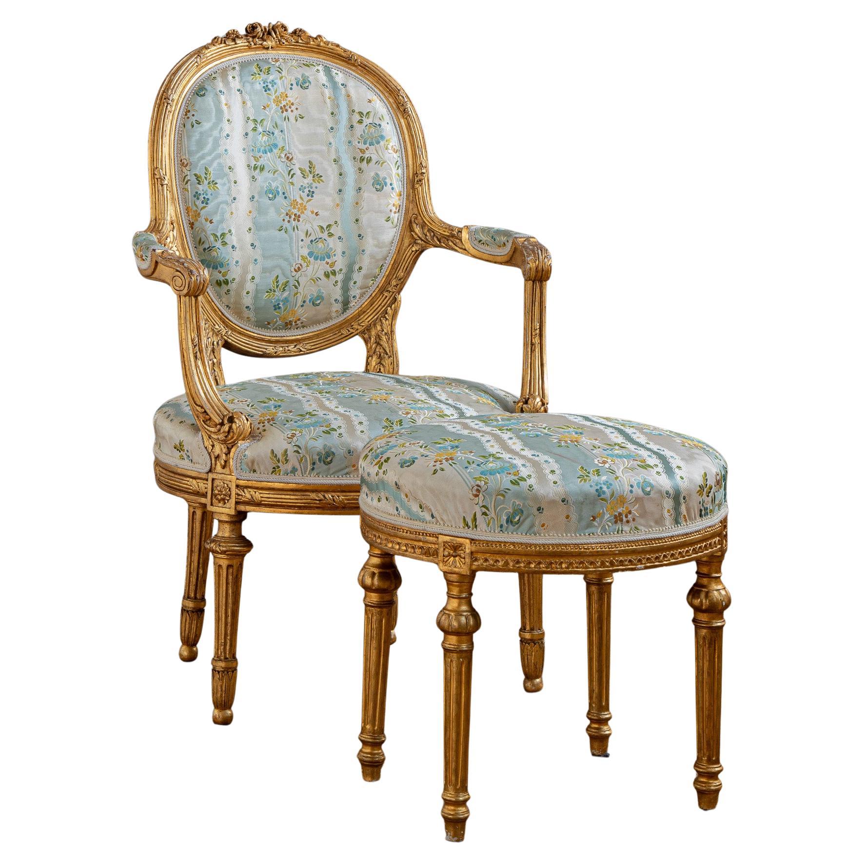 French Louis XVI Style Giltwood Armchair & Foot stool, Circa Late 1800's For Sale