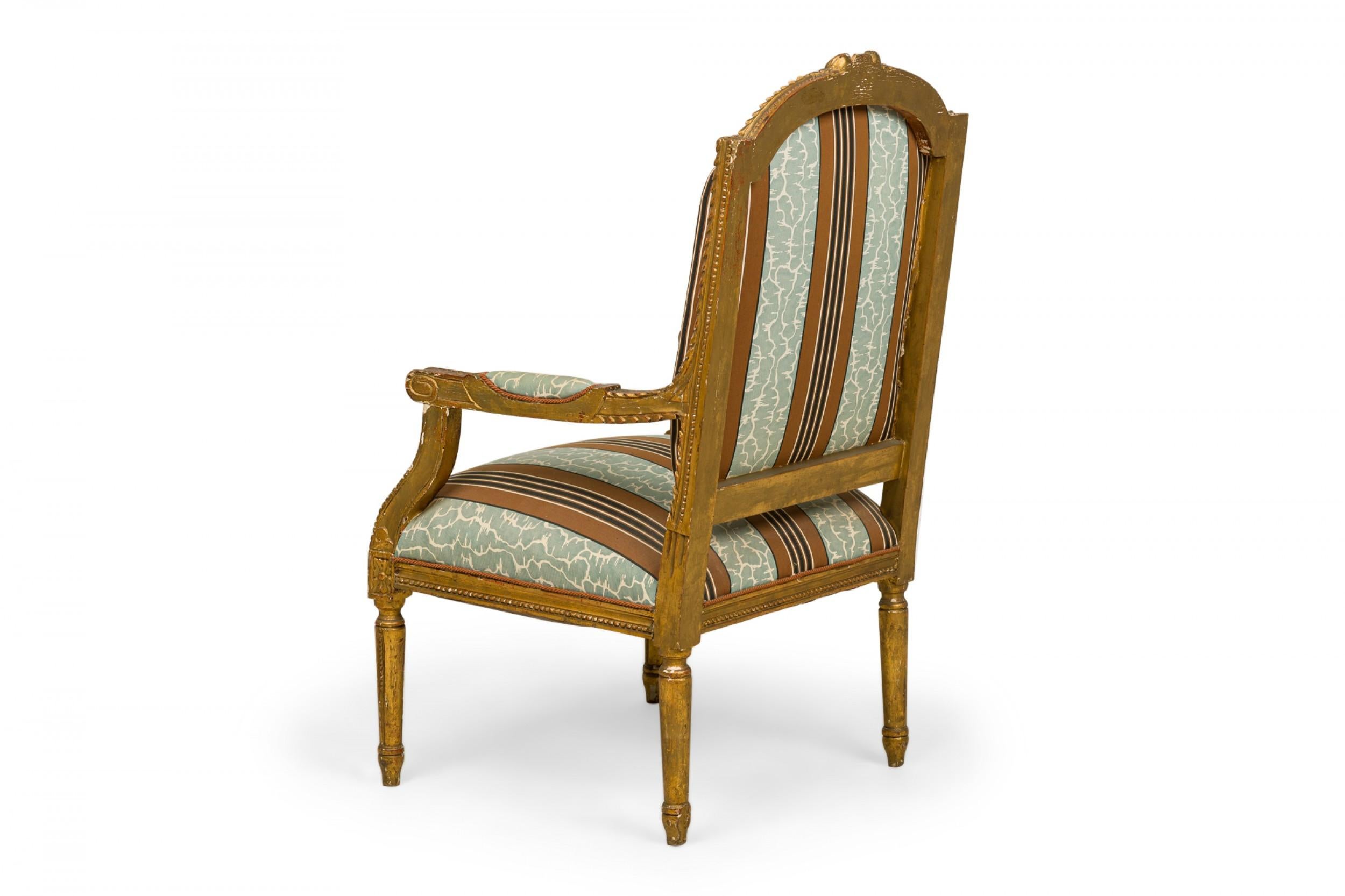 Wood French Louis XVI-Style Giltwood Frame Blue and Red Striped Upholstered Armchairs For Sale