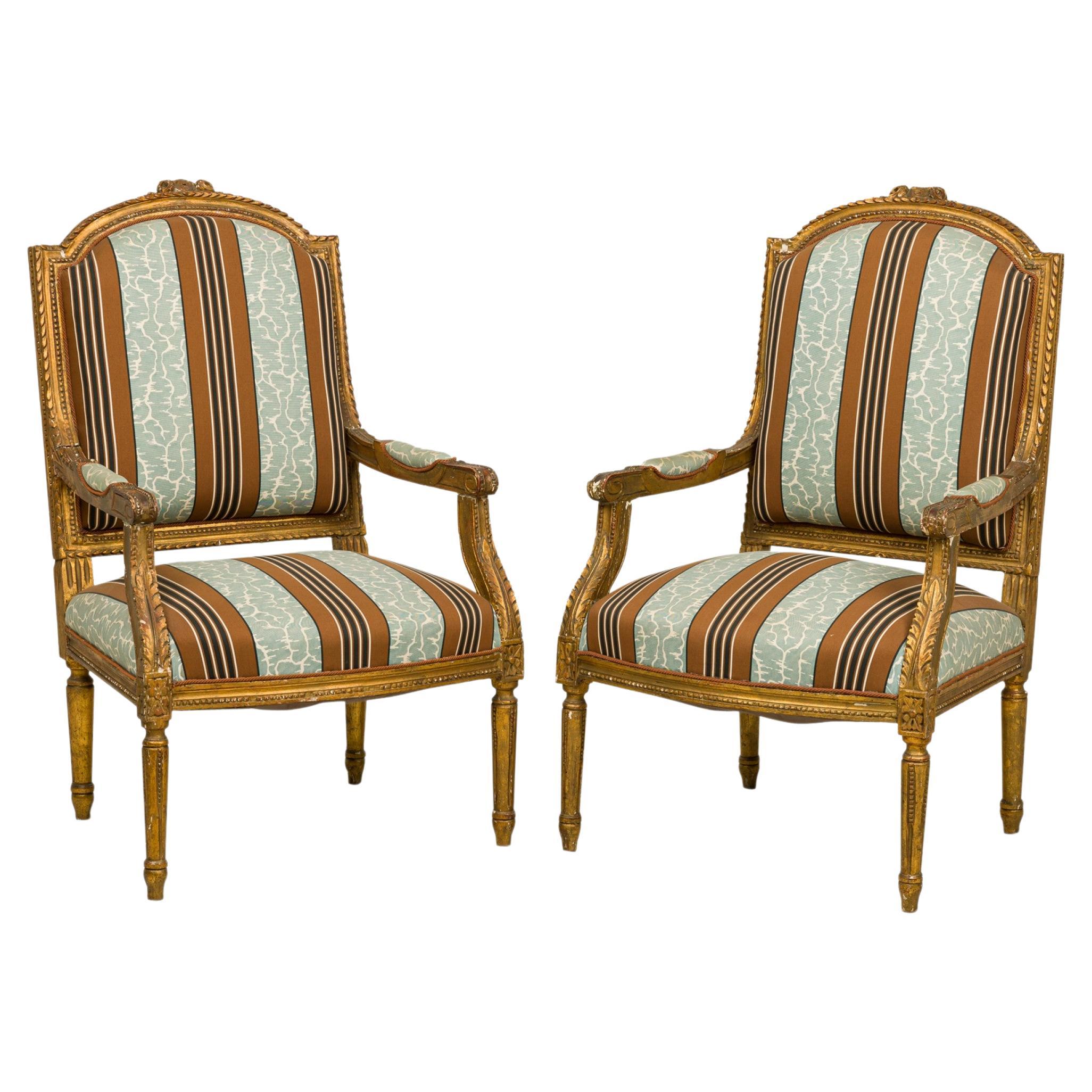 French Louis XVI-Style Giltwood Frame Blue and Red Striped Upholstered Armchairs For Sale