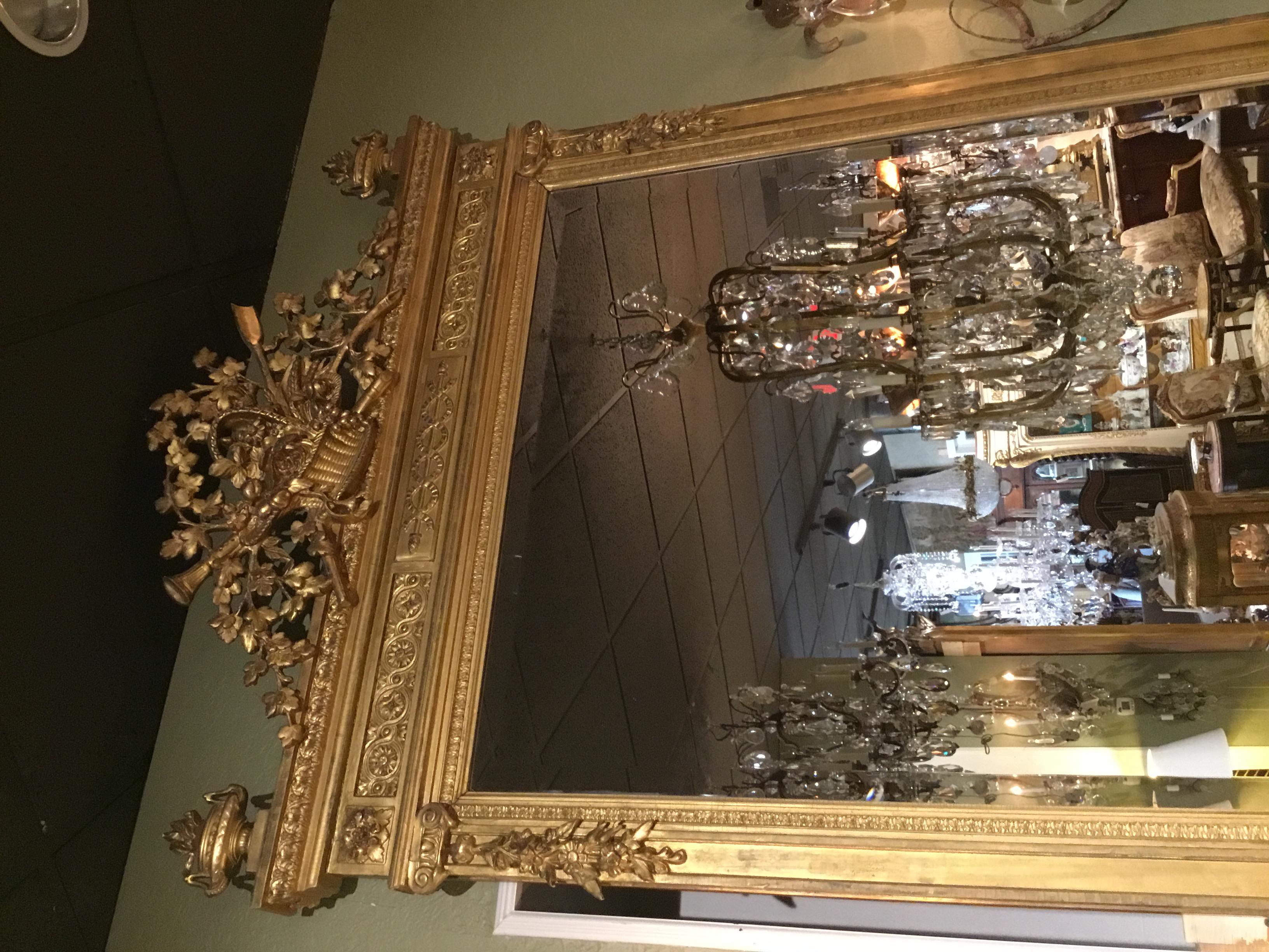 19th Century French Louis XVI Style Giltwood Mirror with Beveled Plate, Basket with Foliate For Sale