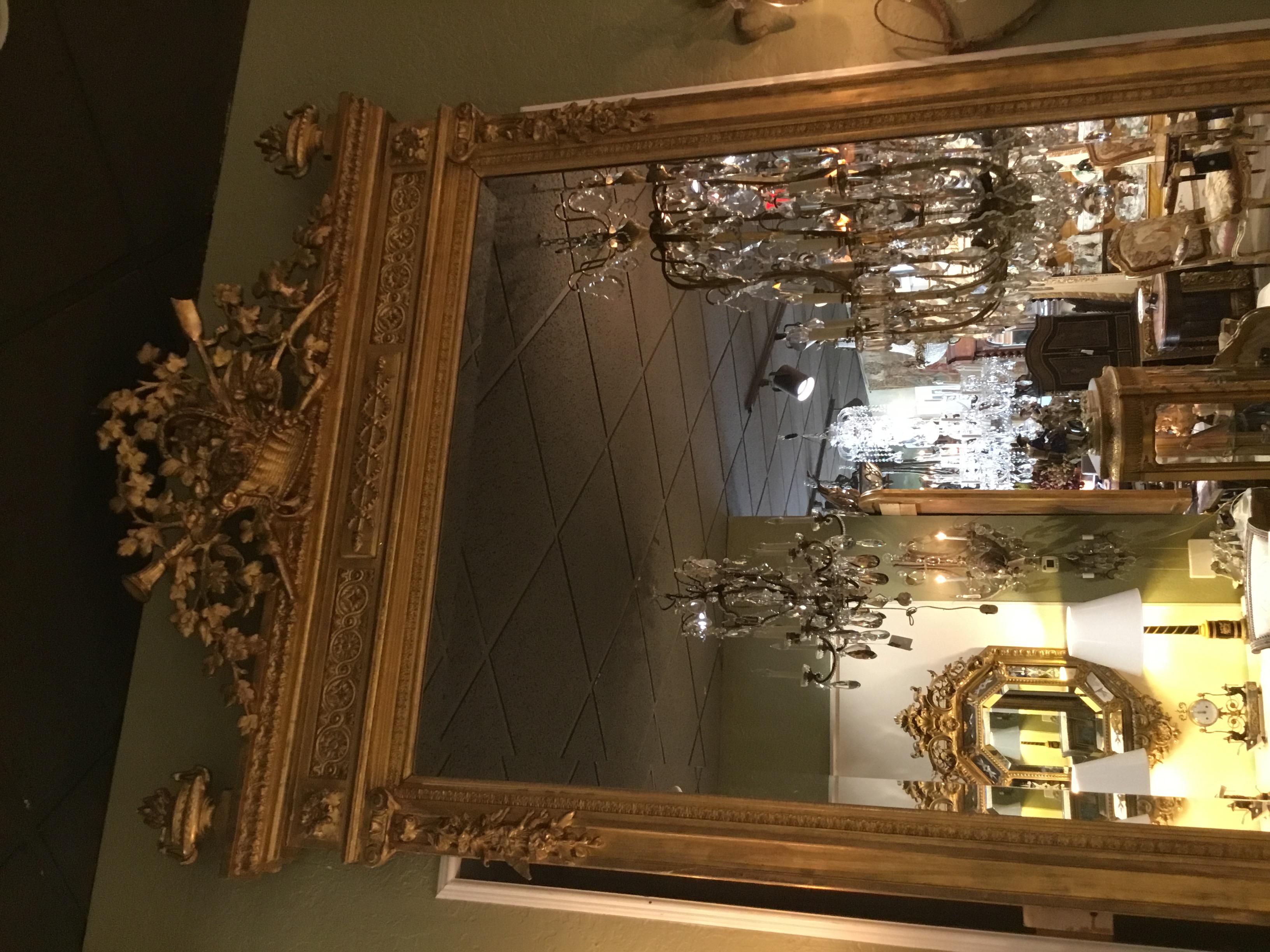 French Louis XVI Style Giltwood Mirror with Beveled Plate, Basket with Foliate For Sale 4