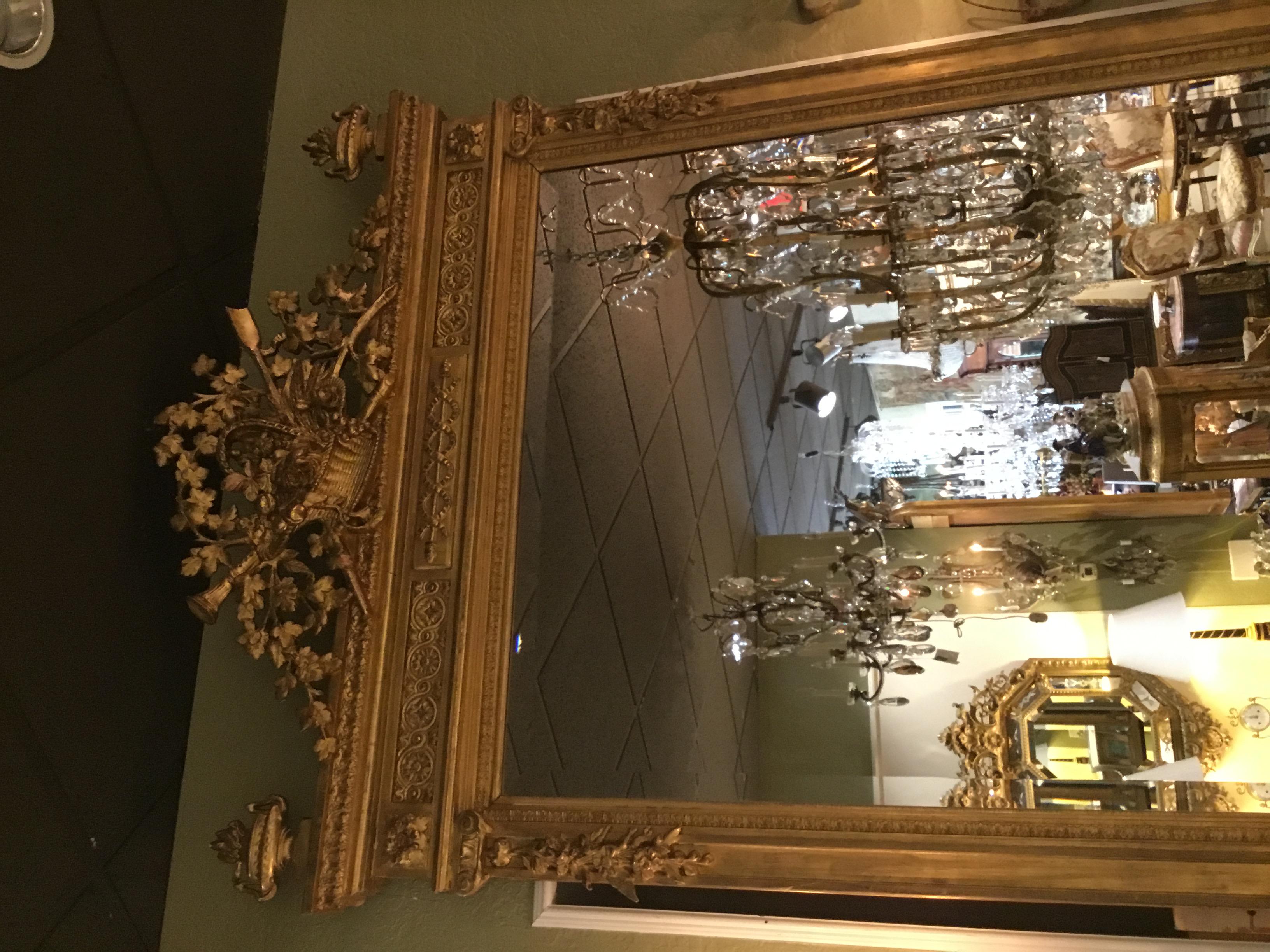French Louis XVI Style Giltwood Mirror with Beveled Plate, Basket with Foliate For Sale 5