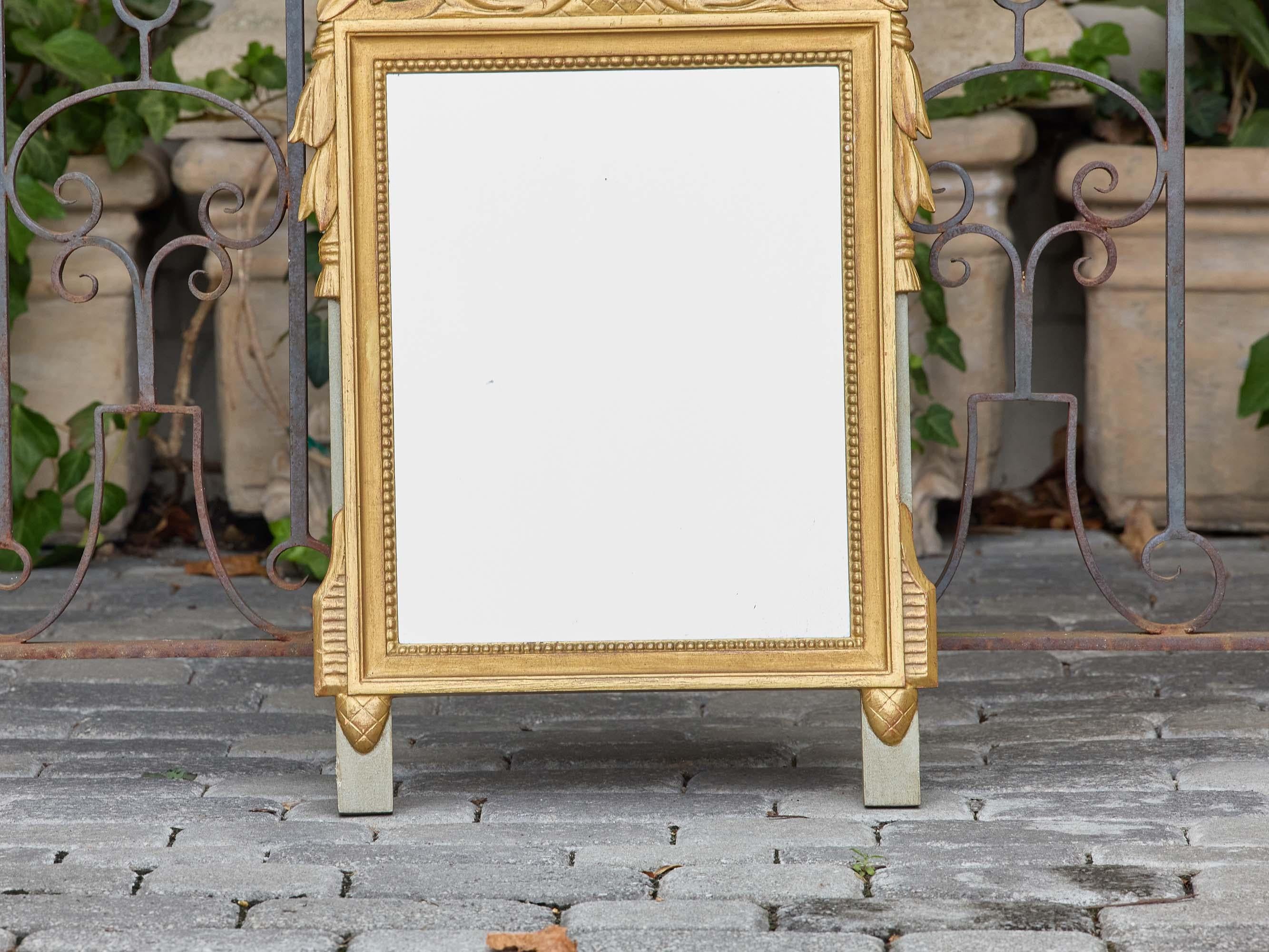 Carved French Louis XVI Style Giltwood Mirror with Lyre and Laurel Crest, circa 1940 For Sale