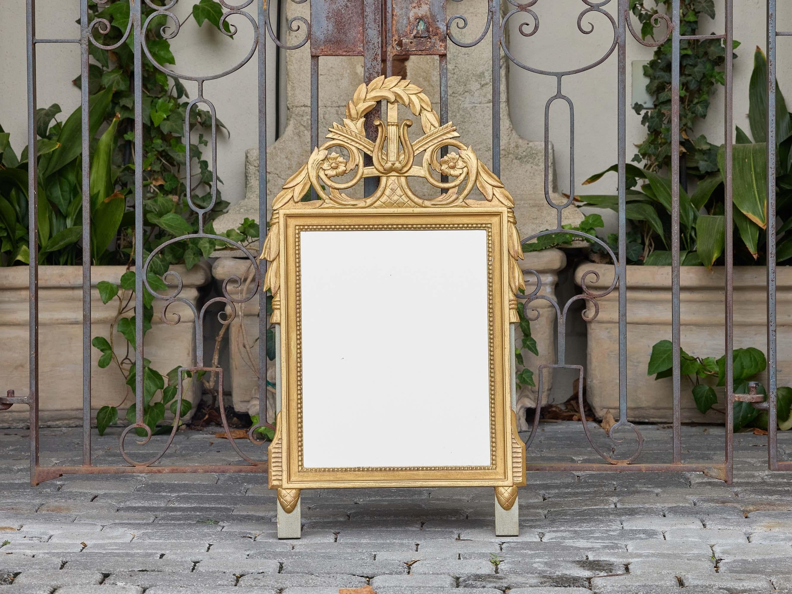 French Louis XVI Style Giltwood Mirror with Lyre and Laurel Crest, circa 1940 For Sale 4
