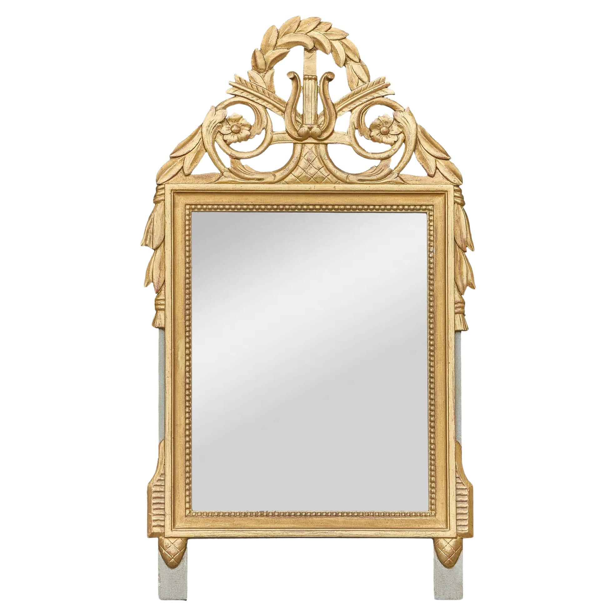 French Louis XVI Style Giltwood Mirror with Lyre and Laurel Crest, circa 1940