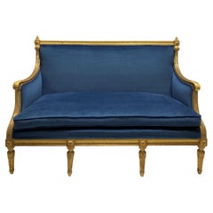 Antique French Louis XVI Style Giltwood Settee In Blue Velvet
