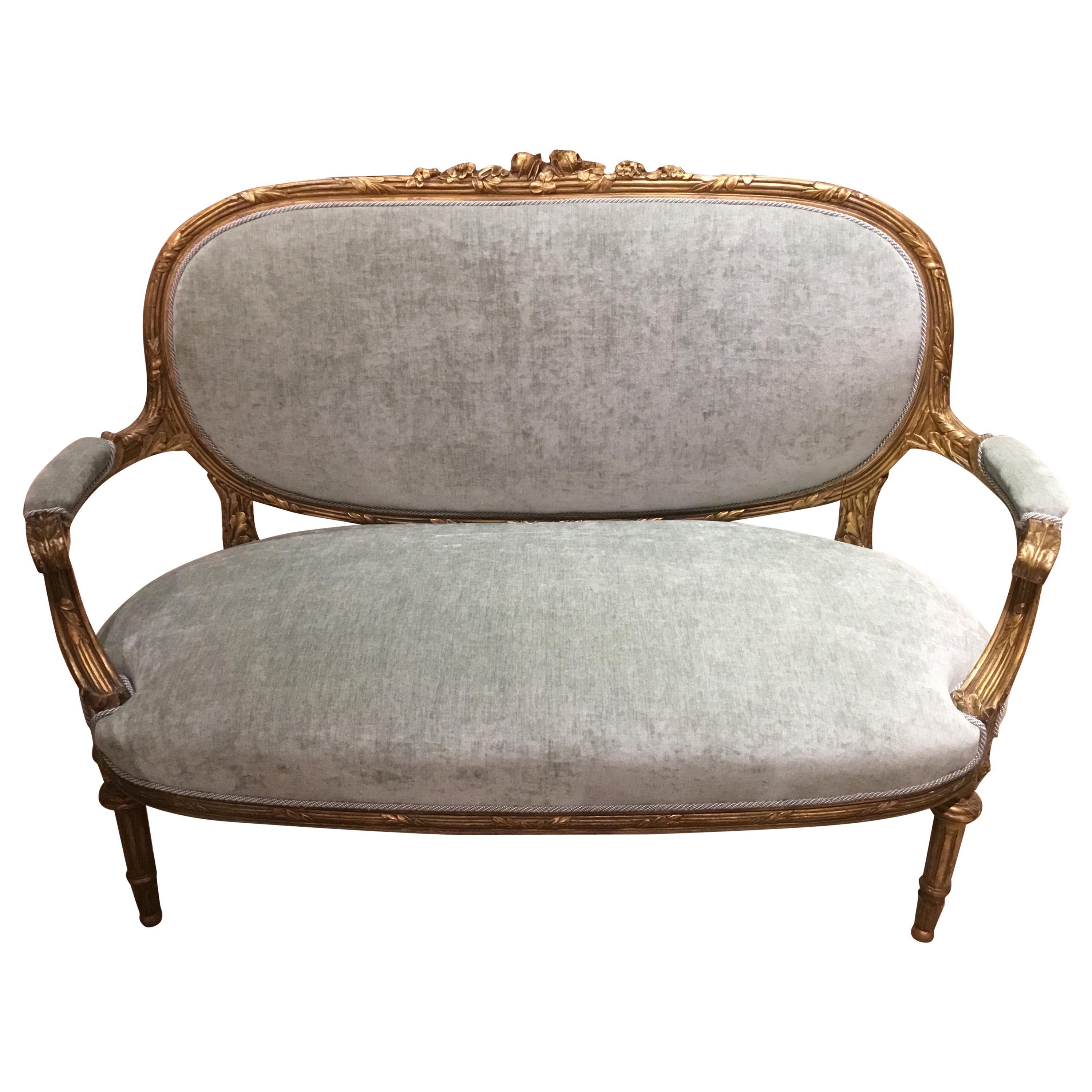 French Louis XVI-Style Giltwood Settee or Loveseat, New Upholstery