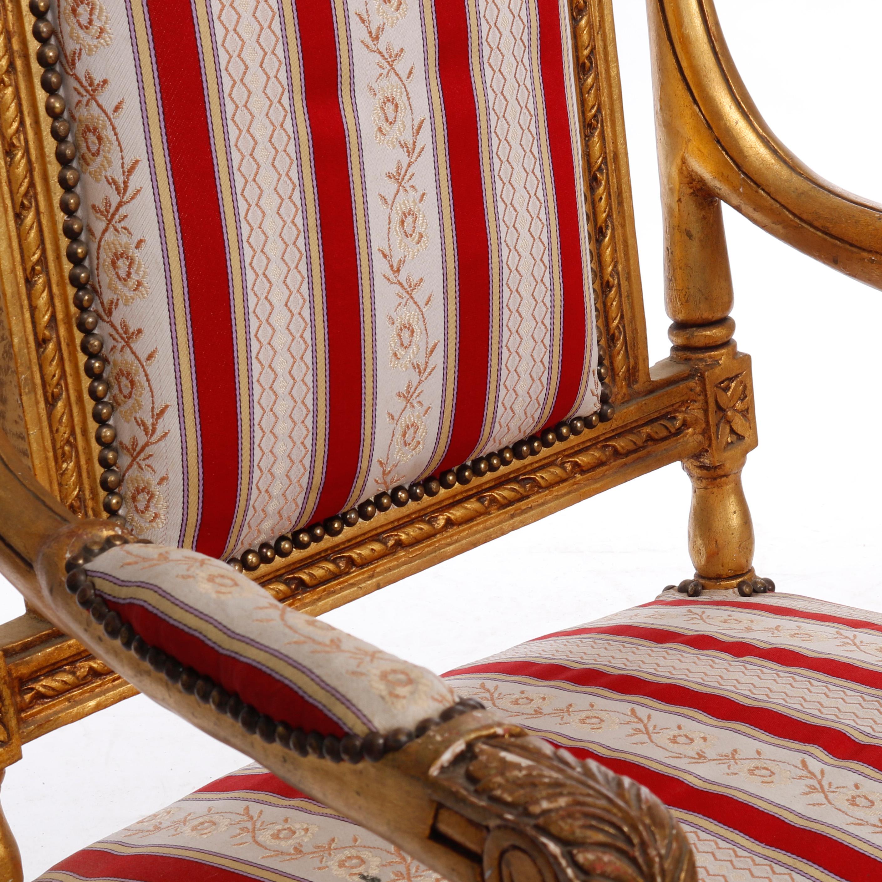 Upholstery French Louis XVI Style Giltwood Upholstered Armchairs, 20th C For Sale