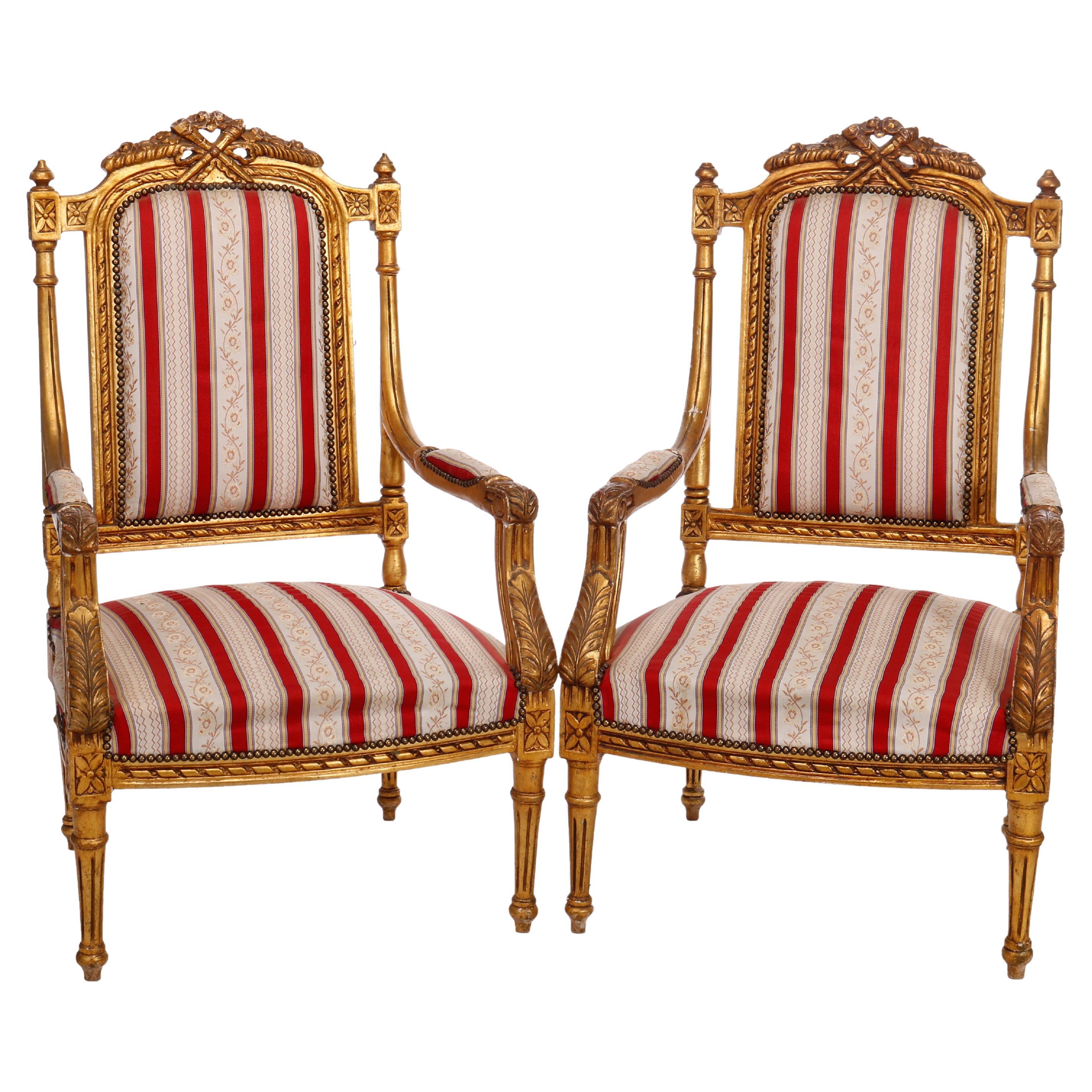 French Louis XVI Style Giltwood Upholstered Armchairs, 20th C