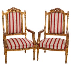 Vintage French Louis XVI Style Giltwood Upholstered Armchairs, 20th C