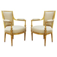 French Louis XVI Style Giltwood Upholstered Fauteuils
