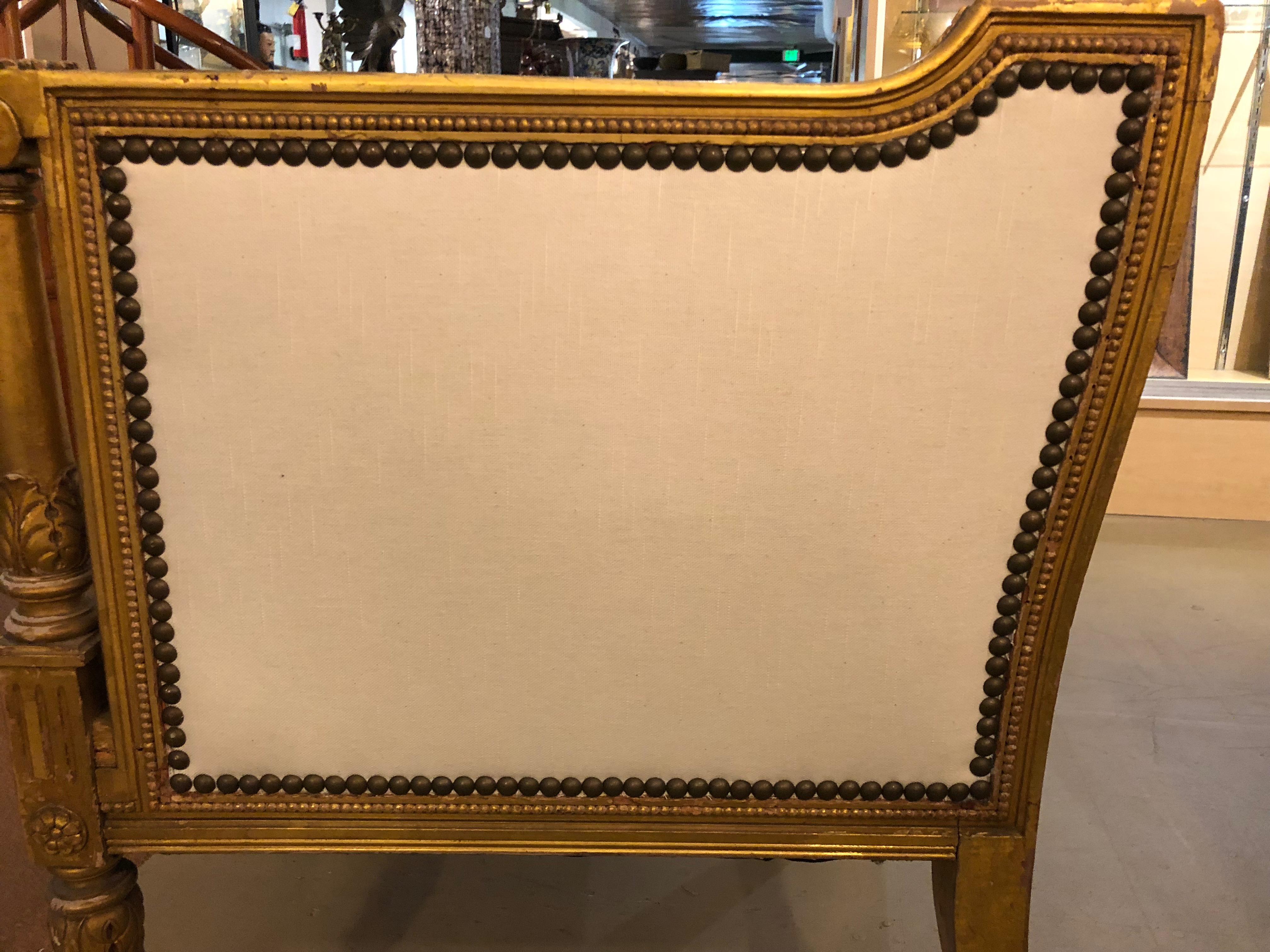 Carved French Louis XVI Style Giltwood White Upholstered Tete a Tete
