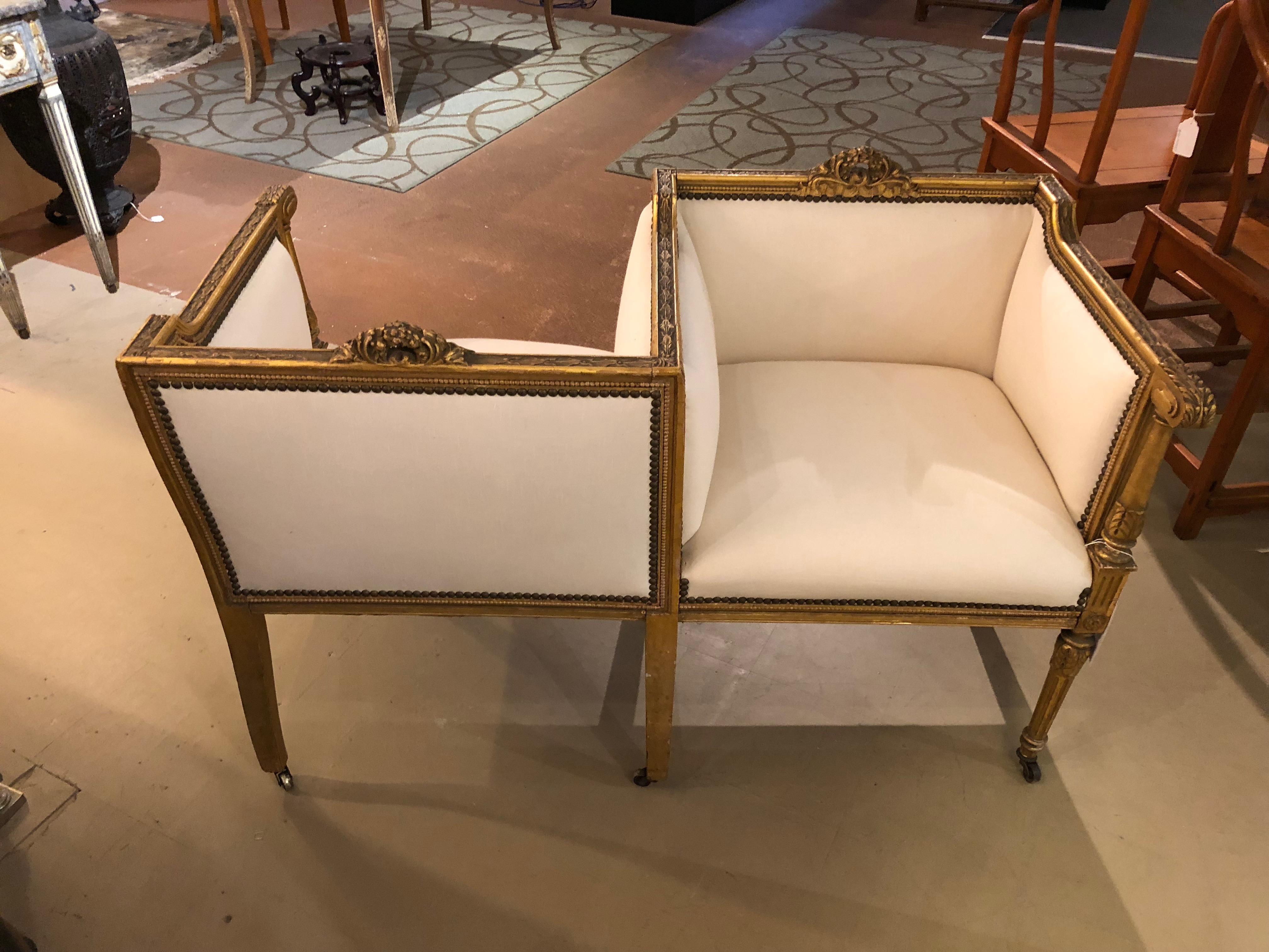 French Louis XVI Style Giltwood White Upholstered Tete a Tete 2