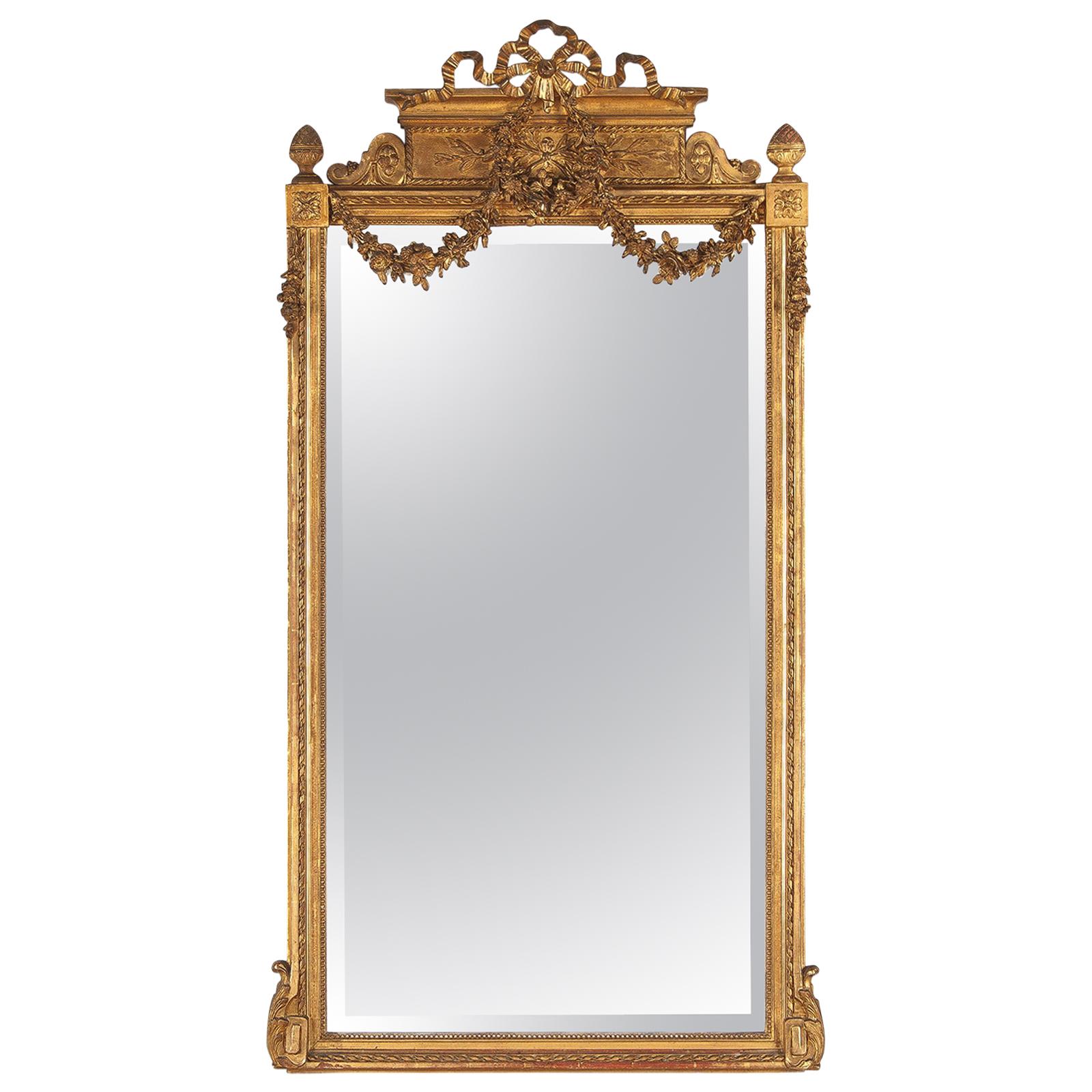 French Louis XVI Style Gold Leaf Beveled Mirror, circa 1930s