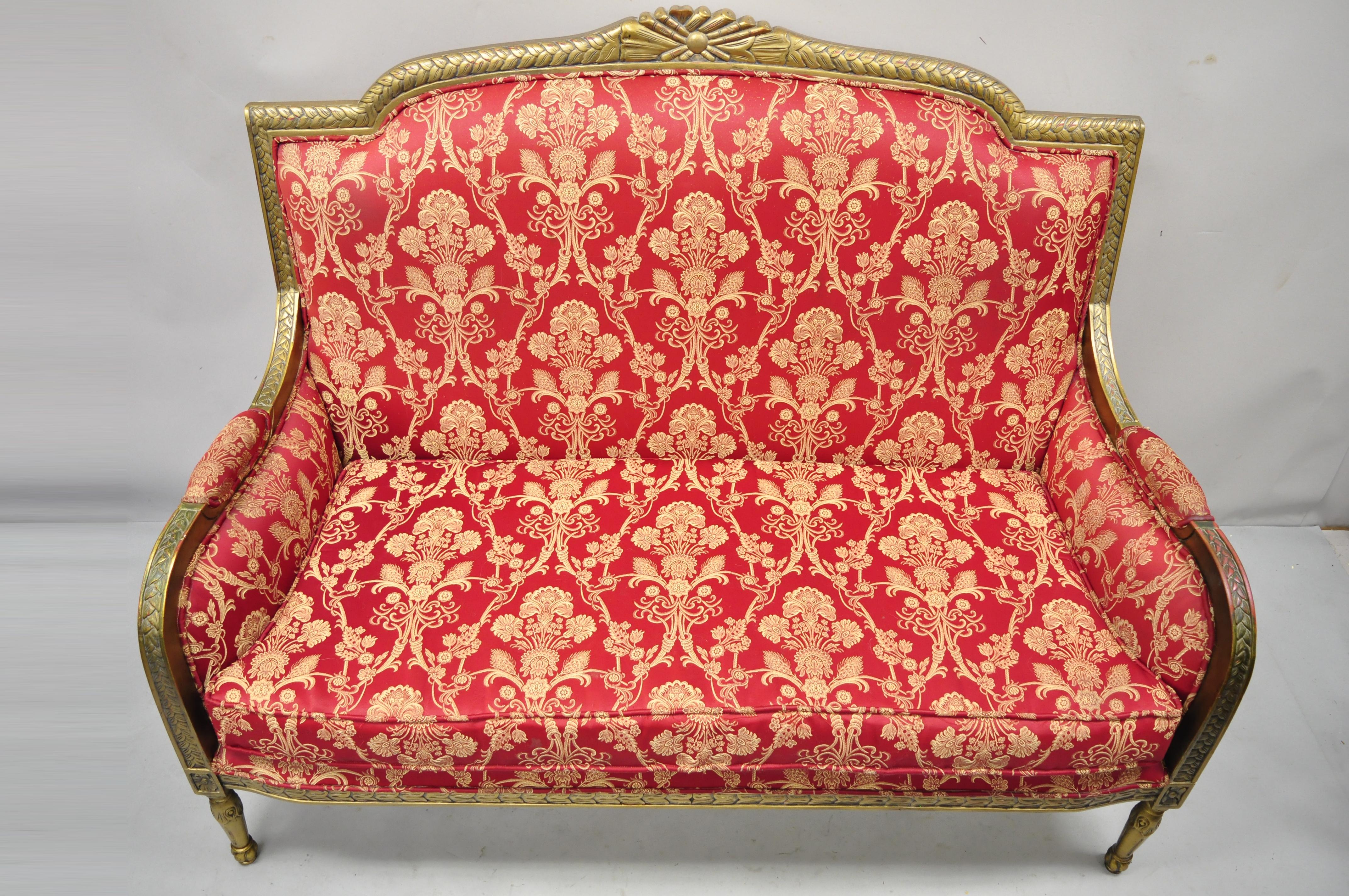 French Louis XVI Style Gold Red Upholstered Settee Sofa Loveseat Decorator Chair For Sale 5