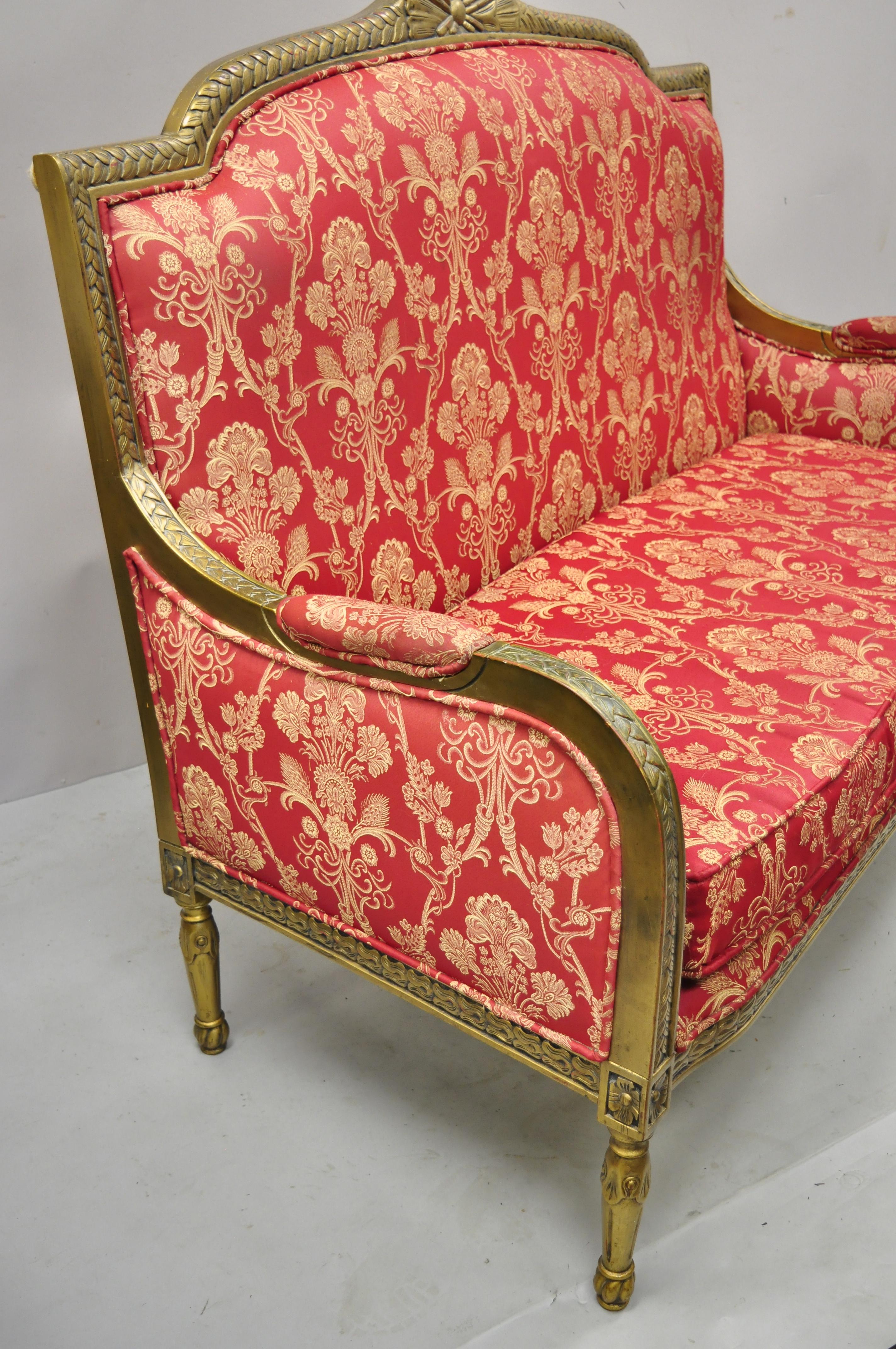 North American French Louis XVI Style Gold Red Upholstered Settee Sofa Loveseat Decorator Chair For Sale