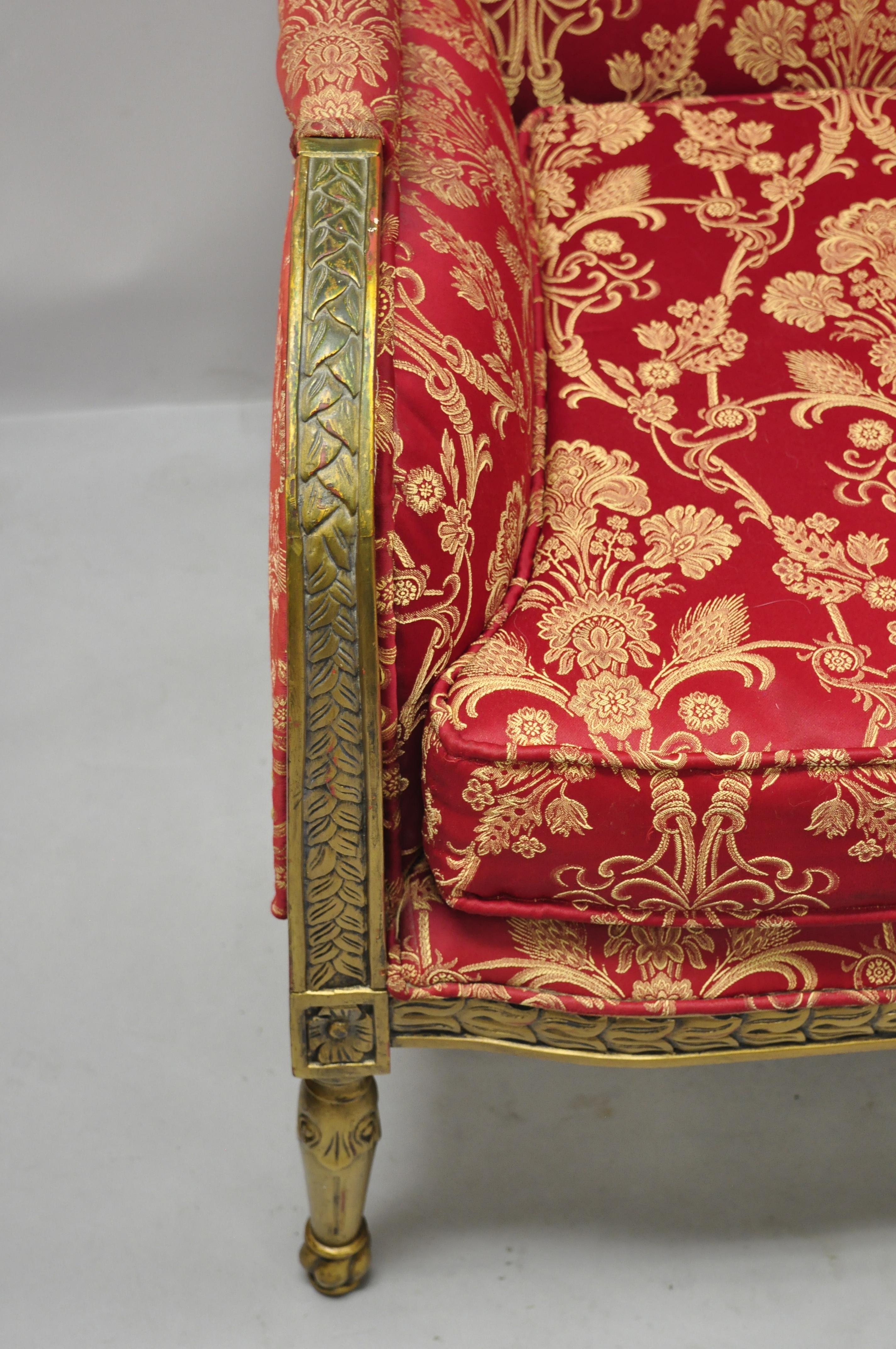 French Louis XVI Style Gold Red Upholstered Settee Sofa Loveseat Decorator Chair For Sale 1