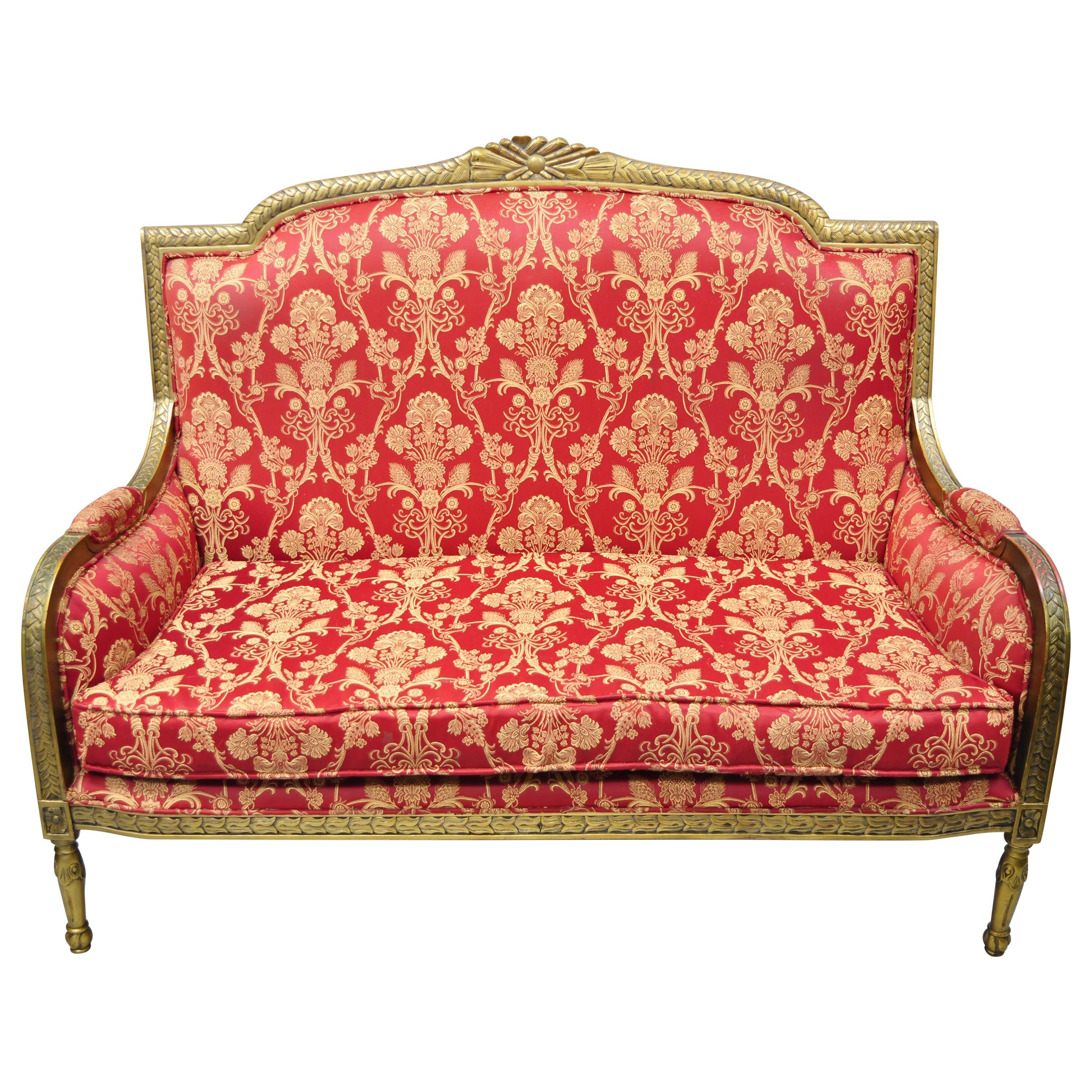 French Louis XVI Style Gold Red Upholstered Settee Sofa Loveseat Decorator Chair For Sale