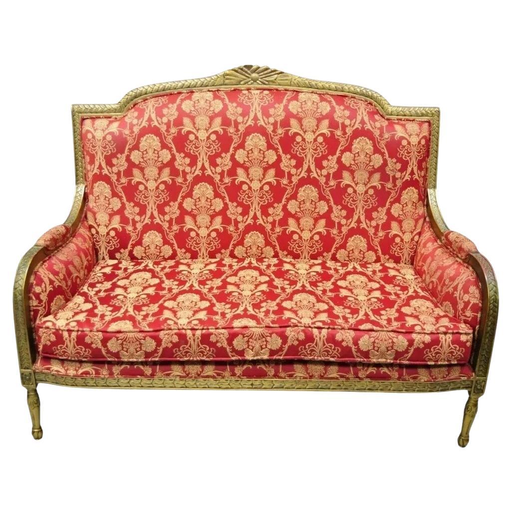 French Louis XVI Style Gold Red Upholstered Settee Sofa Loveseat Decorator Chair