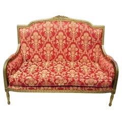 French Louis XVI Style Gold Red Upholstered Settee Sofa Loveseat Decorator Chair