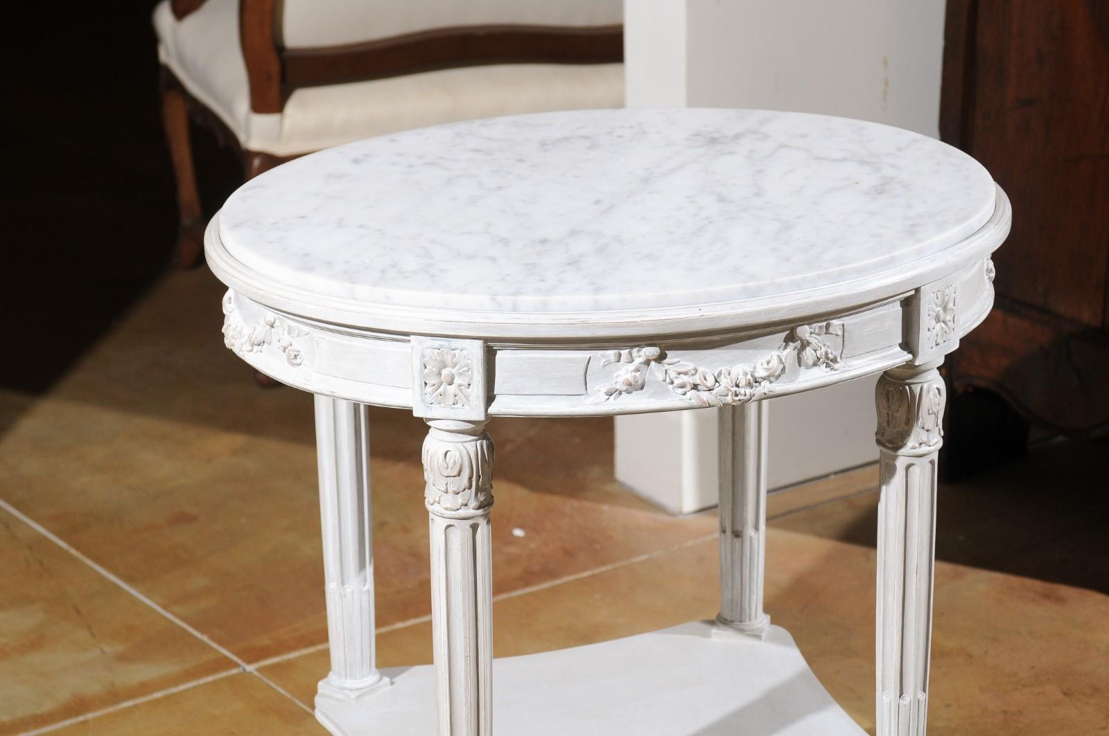 French Louis XVI Style Guéridon Table with Marble Top and Gray Trianon Patina In Good Condition In Atlanta, GA
