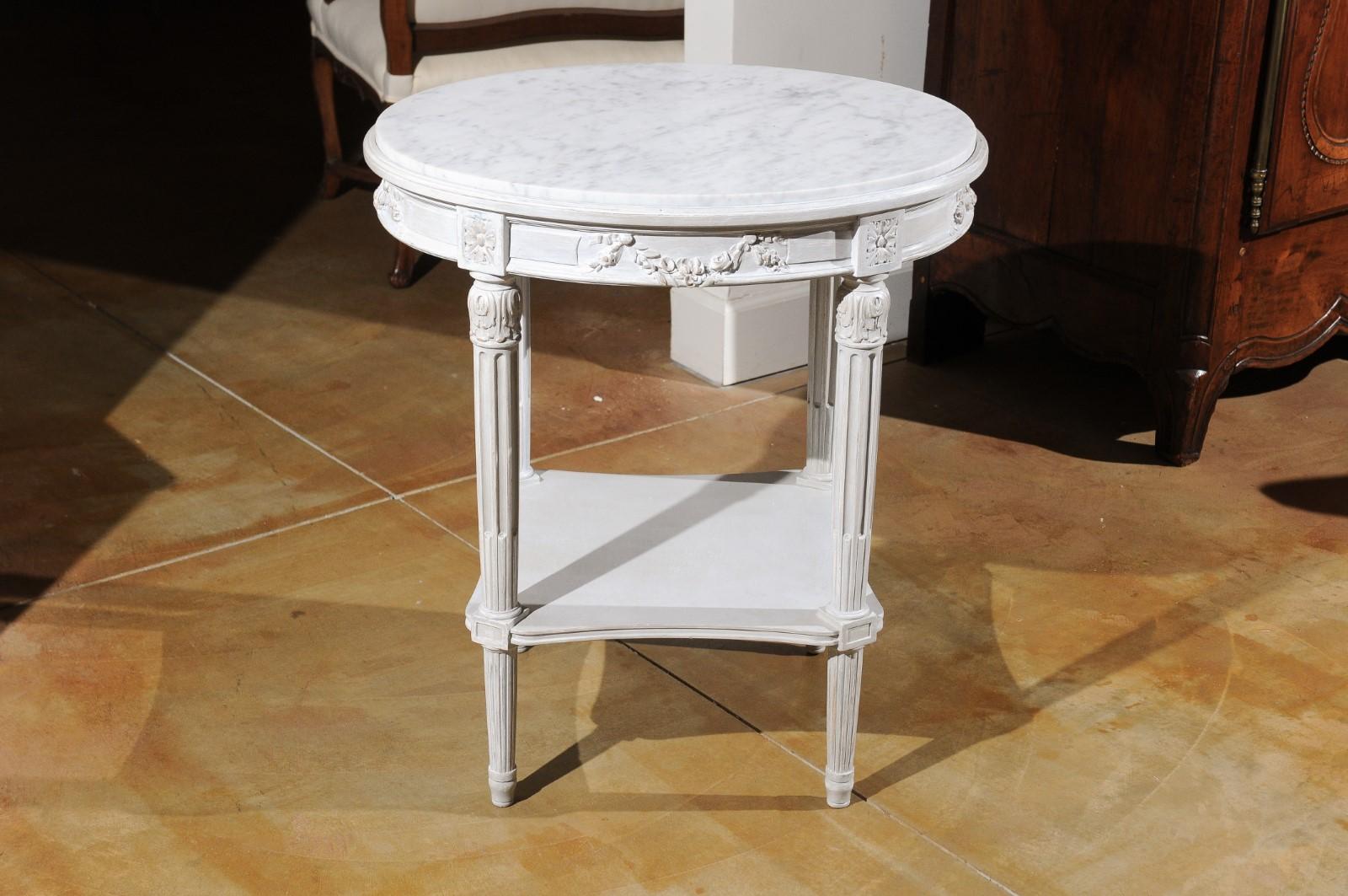 20th Century French Louis XVI Style Guéridon Table with Marble Top and Gray Trianon Patina