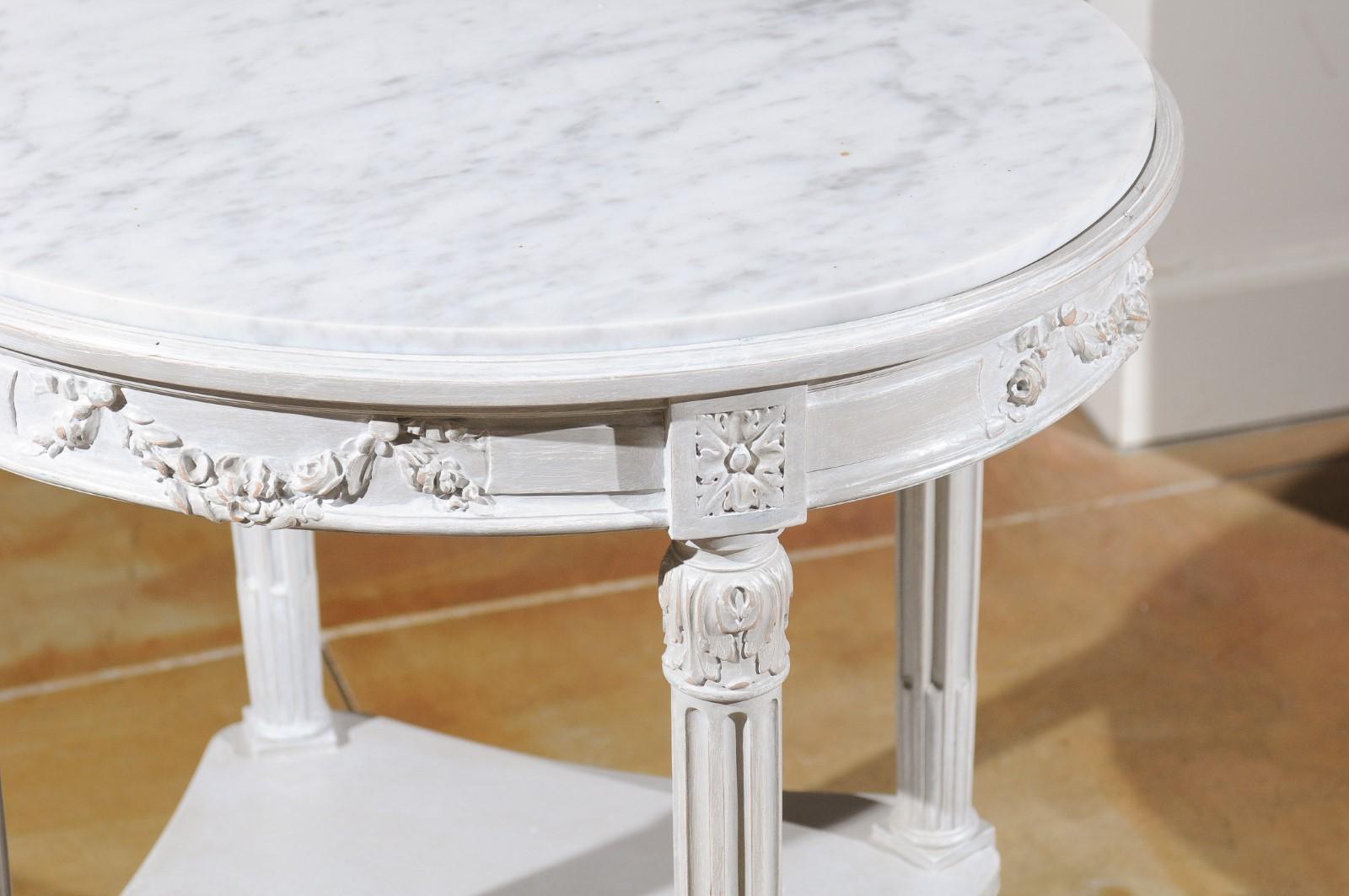 Wood French Louis XVI Style Guéridon Table with Marble Top and Gray Trianon Patina