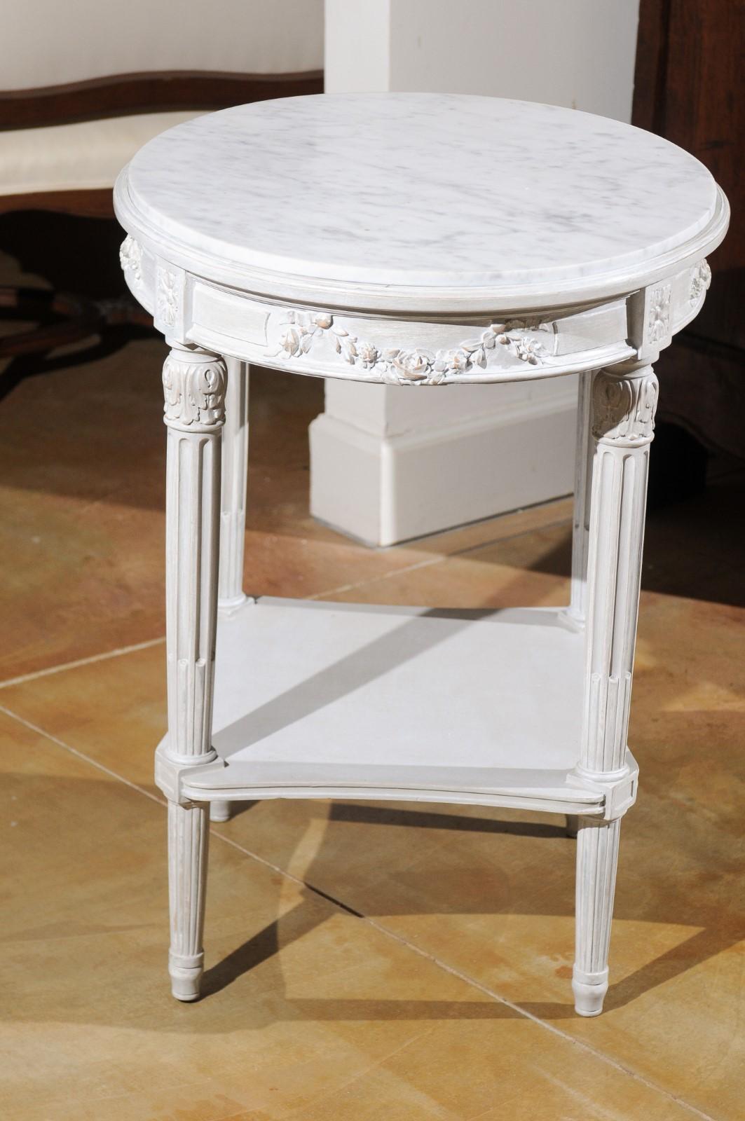 French Louis XVI Style Guéridon Table with Marble Top and Gray Trianon Patina 1