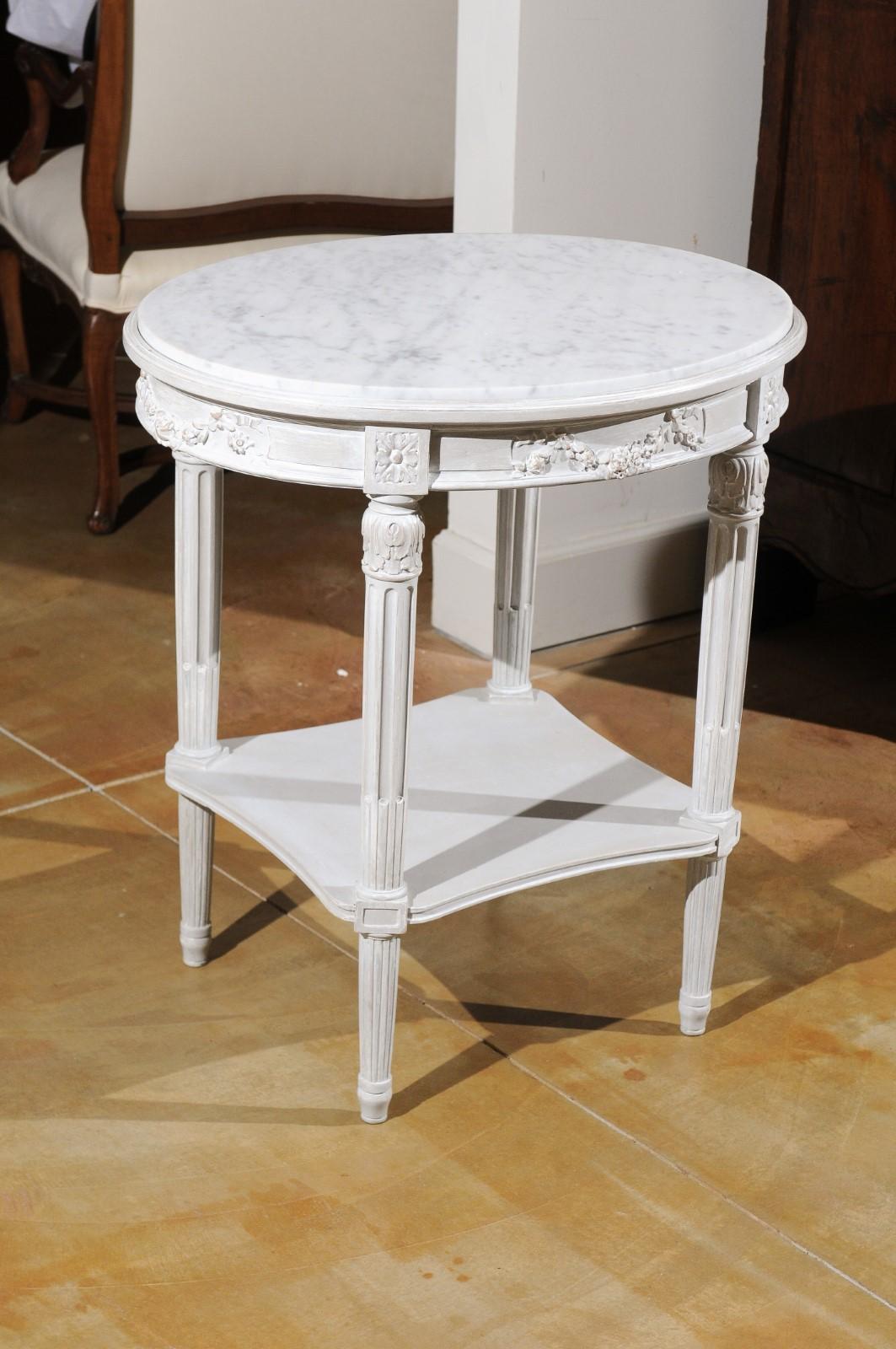 French Louis XVI Style Guéridon Table with Marble Top and Gray Trianon Patina 2