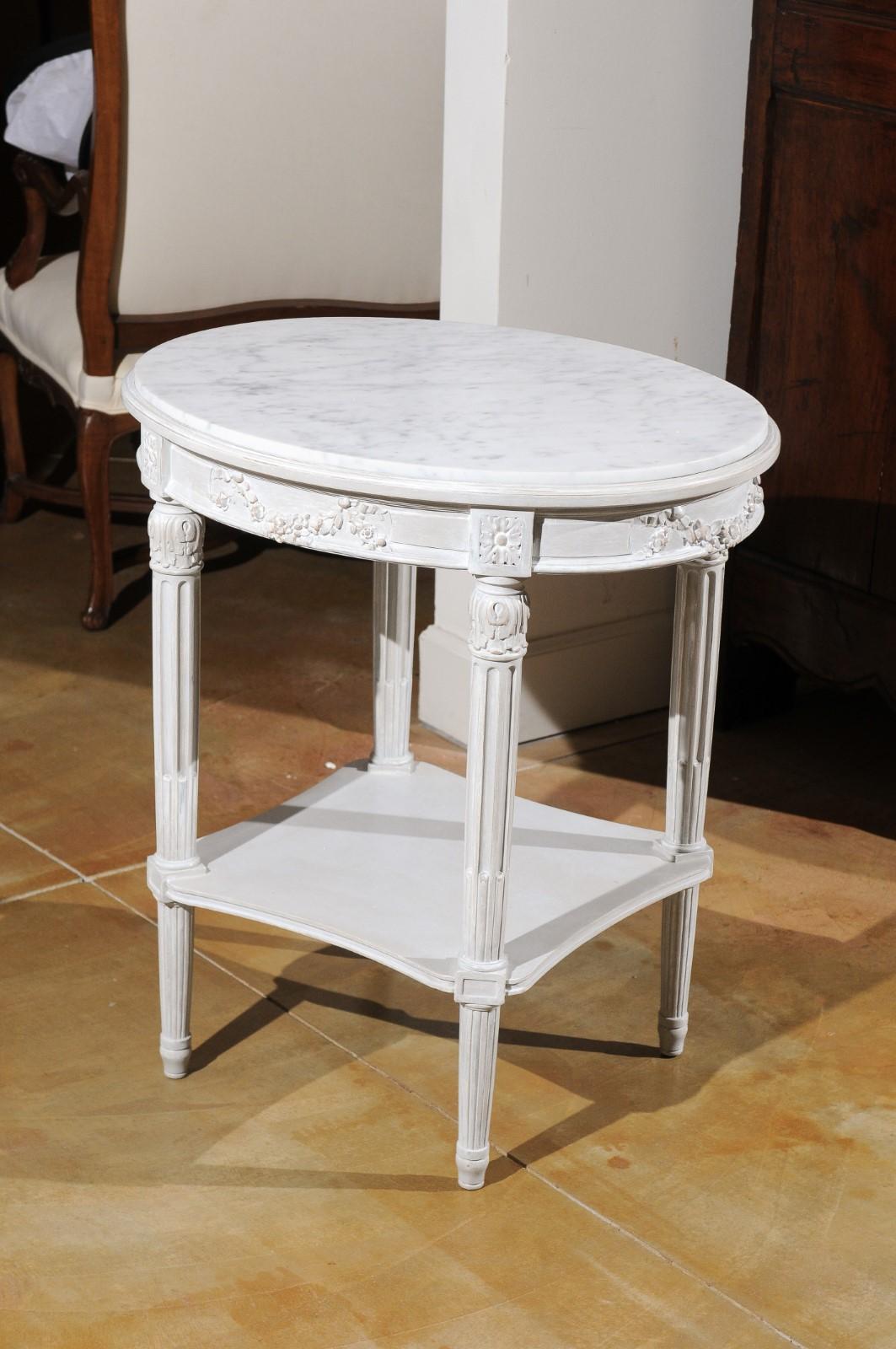 French Louis XVI Style Guéridon Table with Marble Top and Gray Trianon Patina 3
