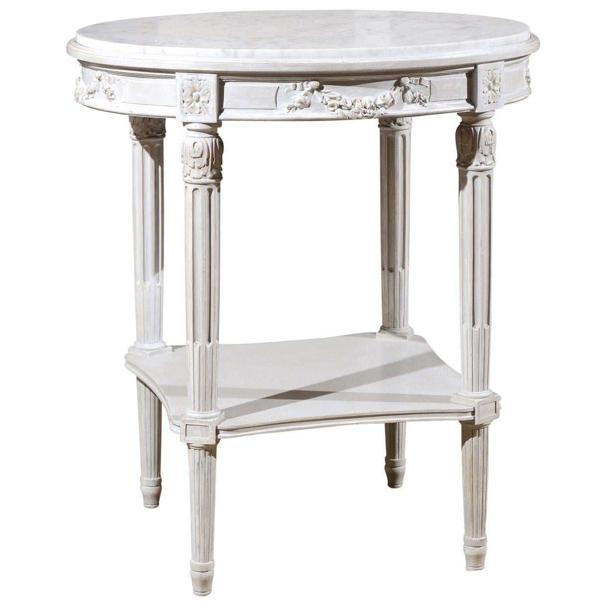 French Louis XVI Style Guéridon Table with Marble Top and Gray Trianon Patina