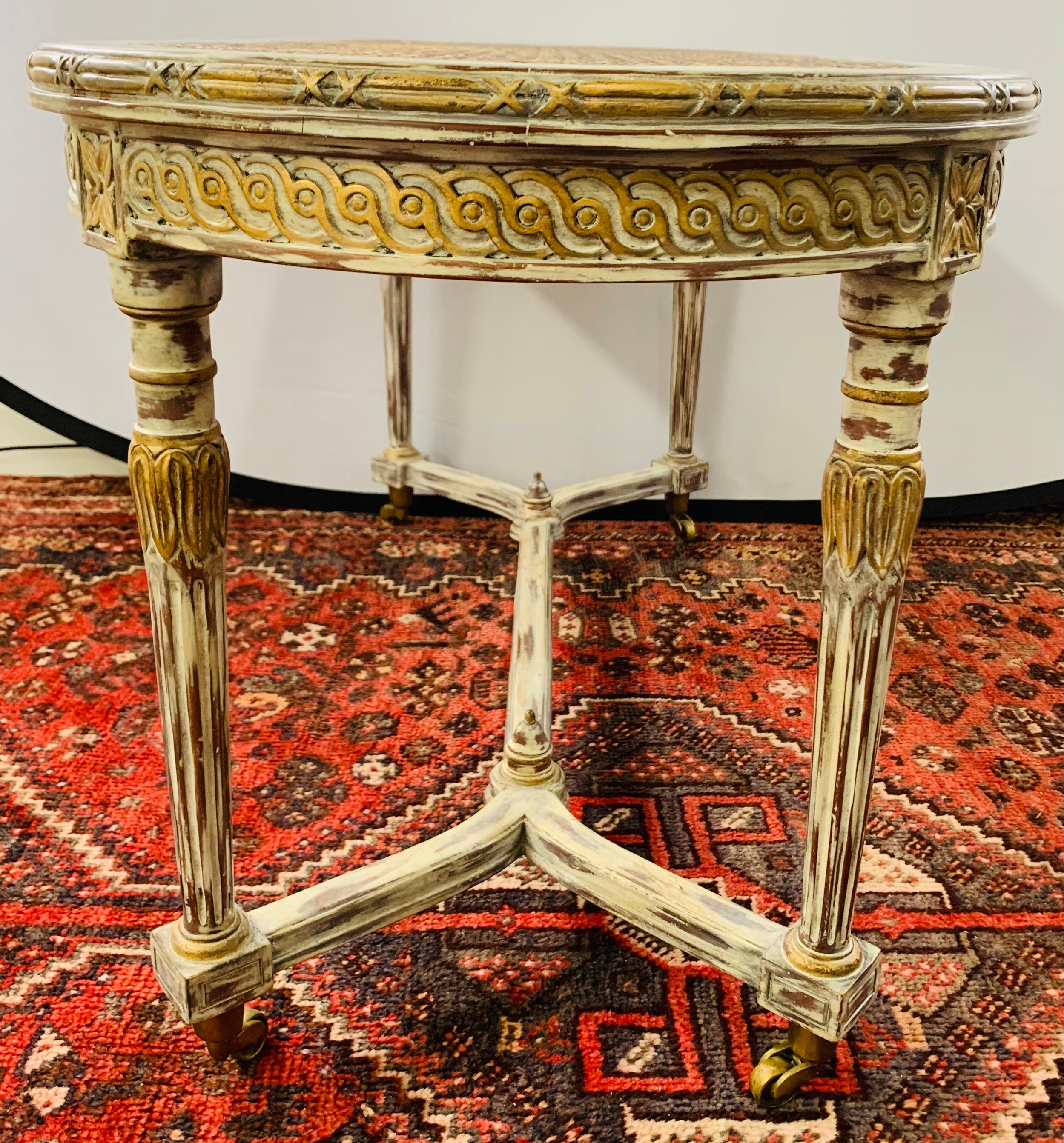 French Louis XVI Style Hand Painted Coffee Table with Wheels Attributed Henredon 9