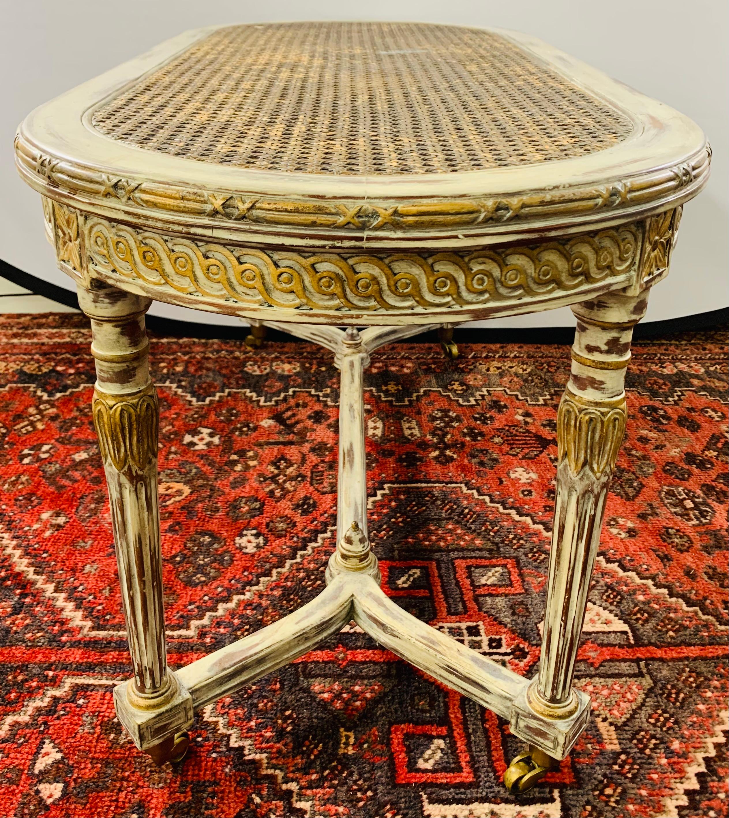 French Louis XVI Style Hand Painted Coffee Table with Wheels Attributed Henredon 10