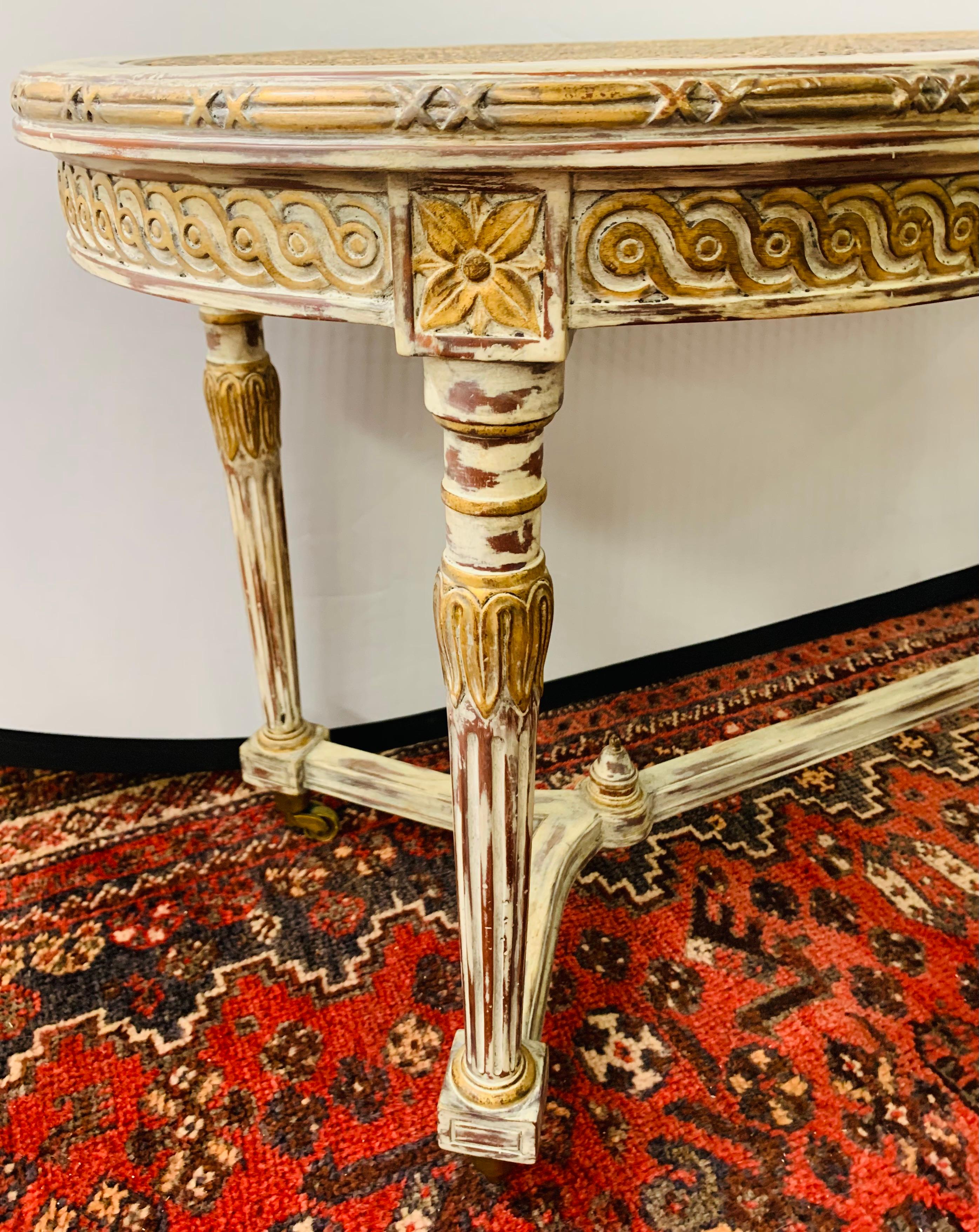 Philippine French Louis XVI Style Hand Painted Coffee Table with Wheels Attributed Henredon