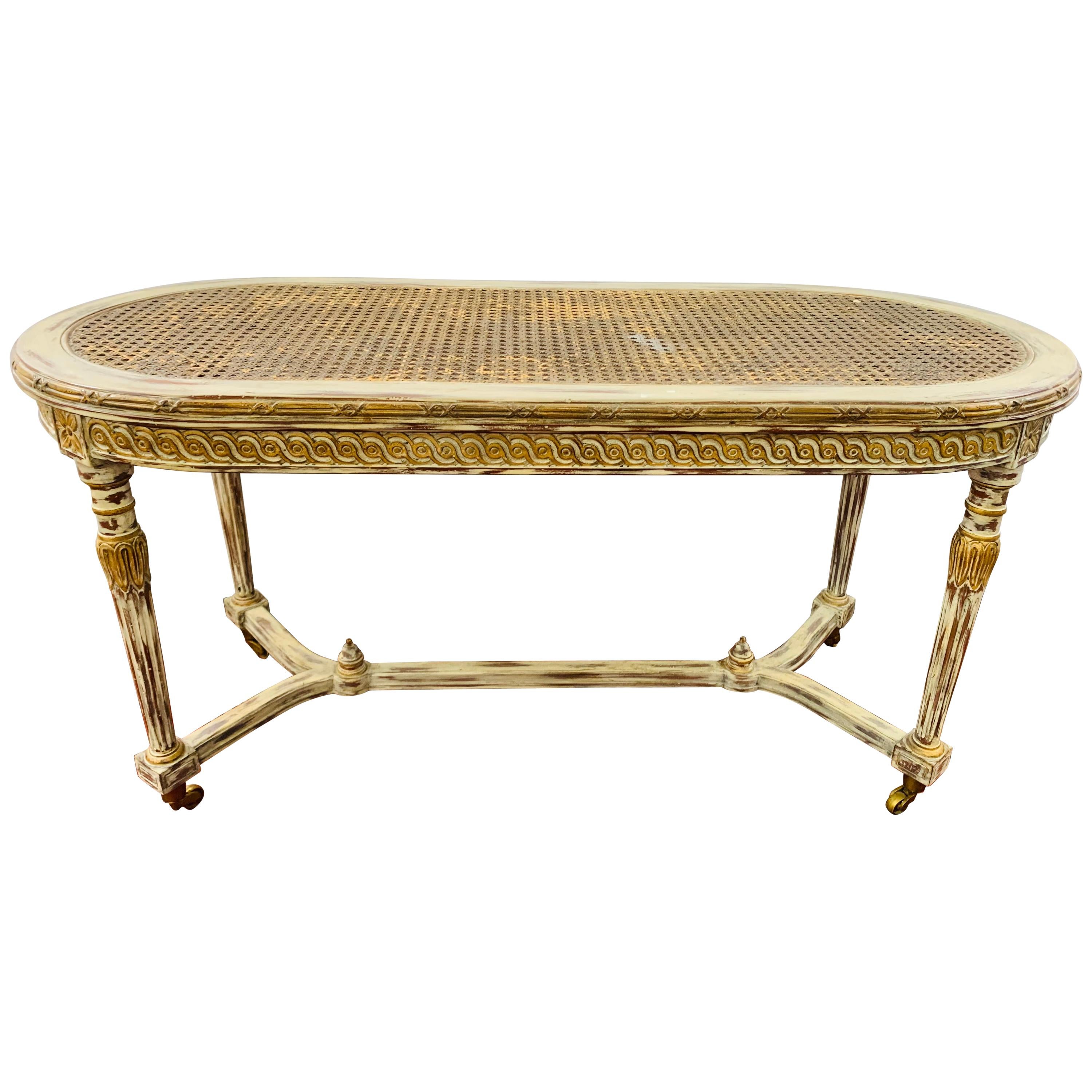 French Louis XVI Style Hand Painted Coffee Table with Wheels Attributed Henredon