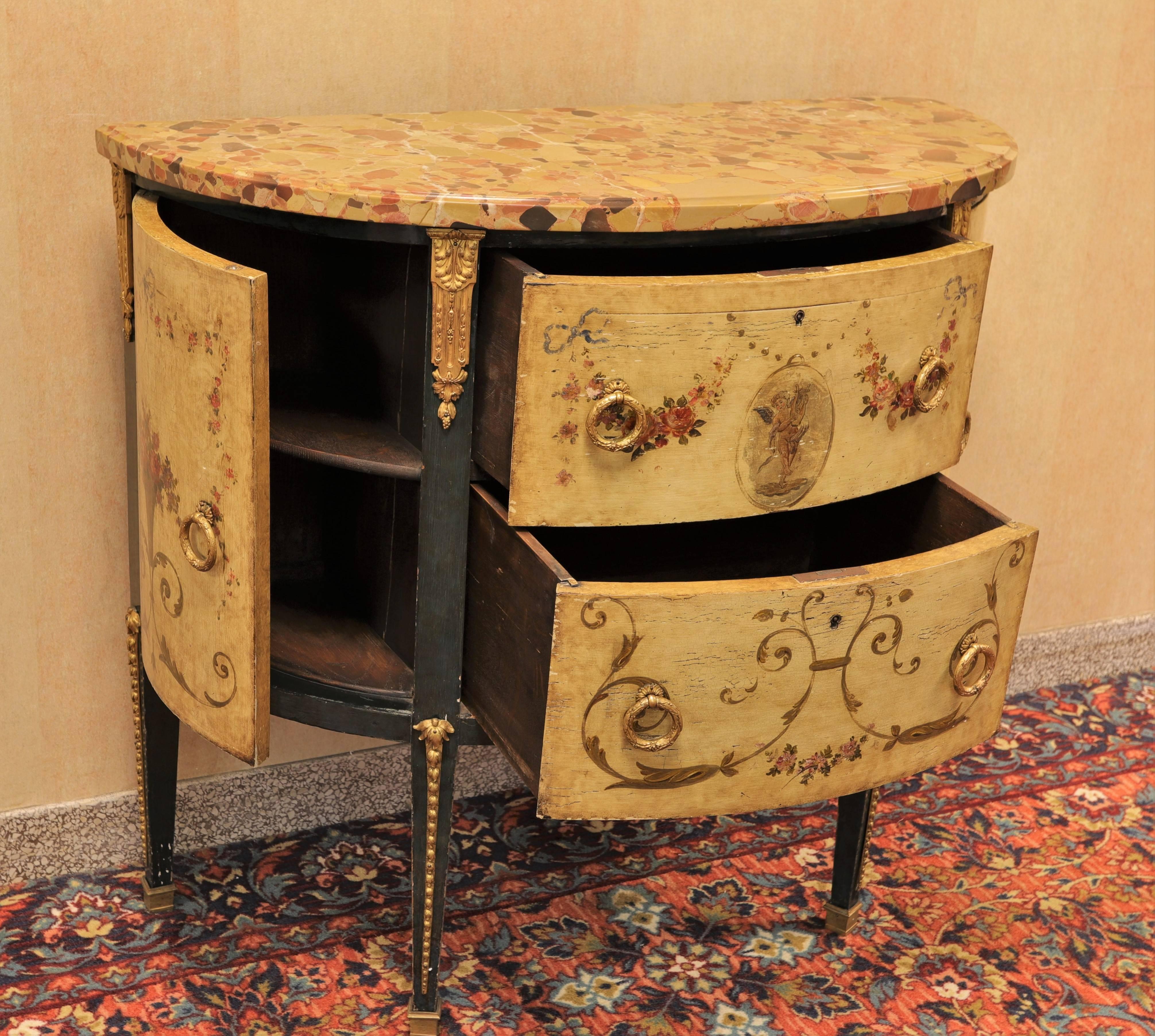 French Louis XVI Style Hand-Painted Marble Top Commode In Fair Condition In New York, NY