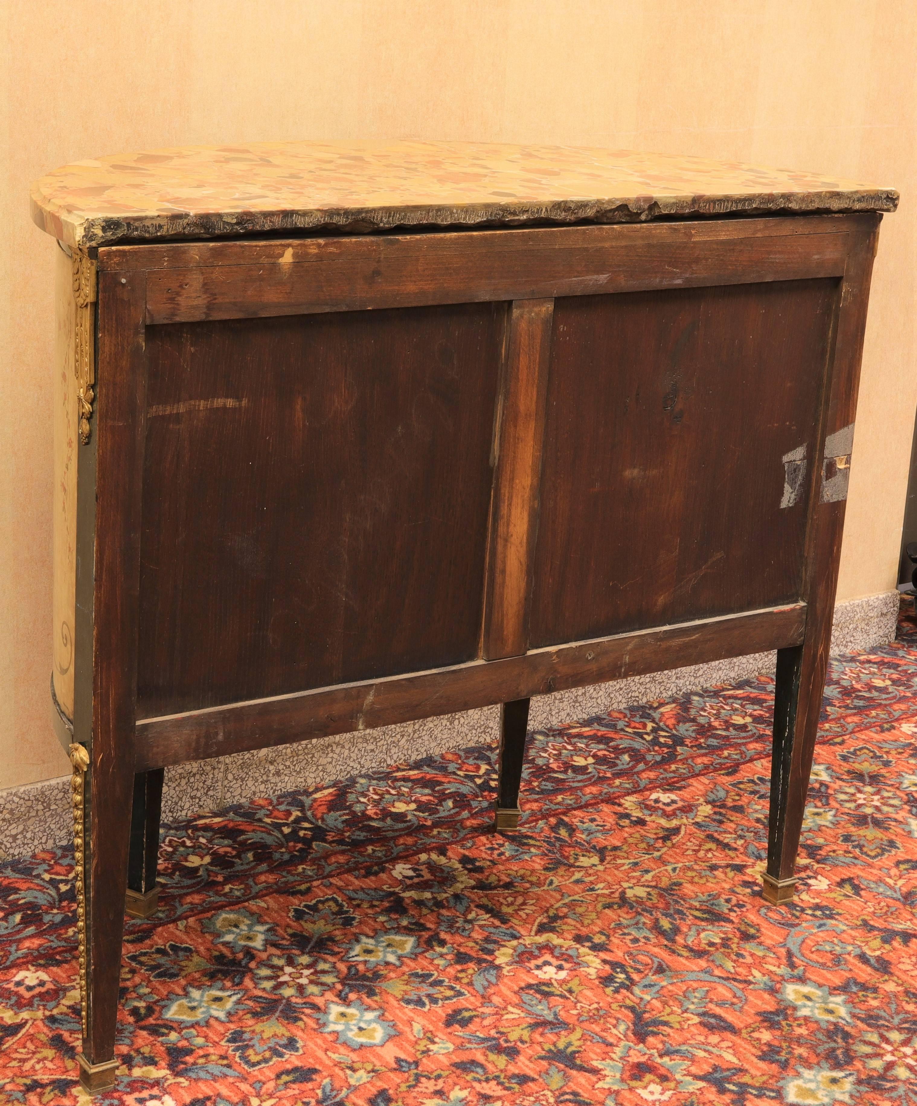 A French 19 century Louis XVI style bronze-mounted hand-painted demilune marble top commode.