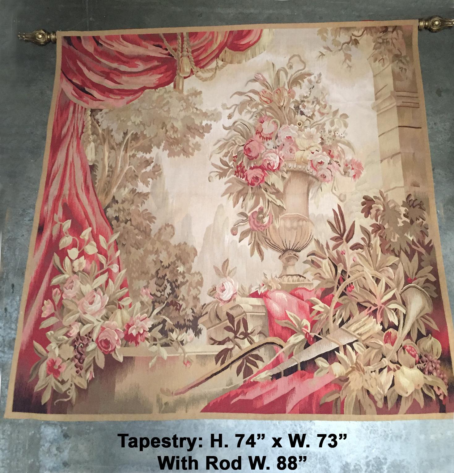 Fabulous French Louis XVI style handmade very detailed tapestry depicting a still life scene of a floral garden with red drapery and Campana-shaped urn containing beautiful floral bouquets. Mid-20th century.
The colors are imposing. 

Overall