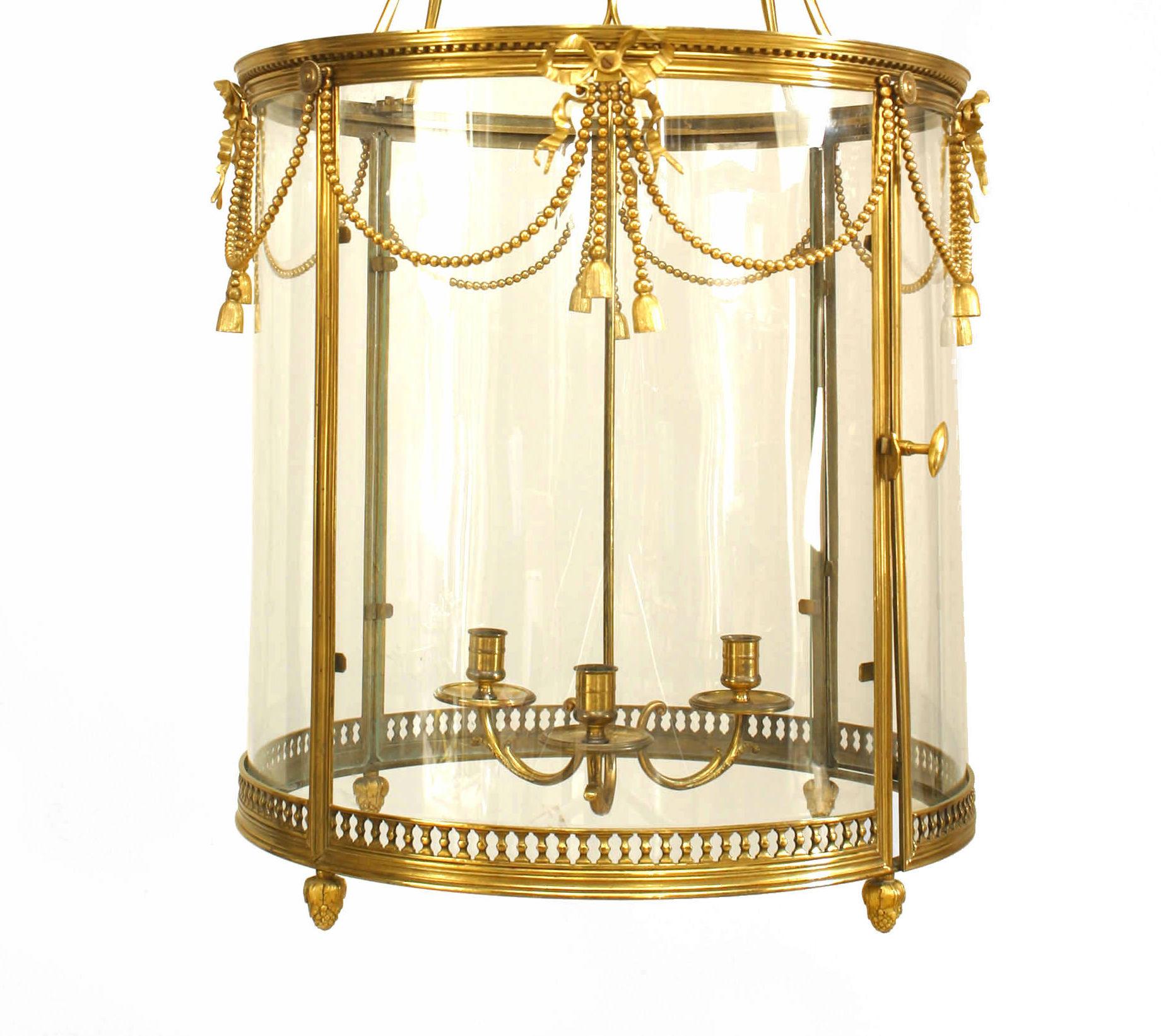 French Louis XVI Style Bronze Dore Glass Pendant Lantern Lamp In Good Condition In New York, NY