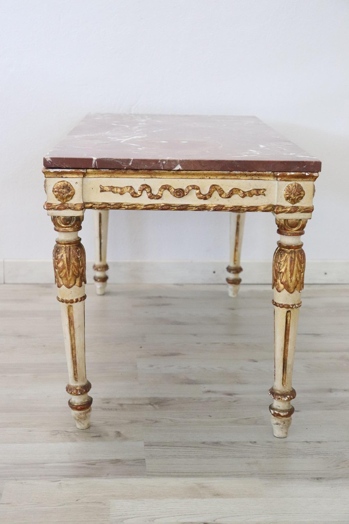 Wood French Louis XVI Style in Lacquered Giltwood Coffee Table with Marble Top