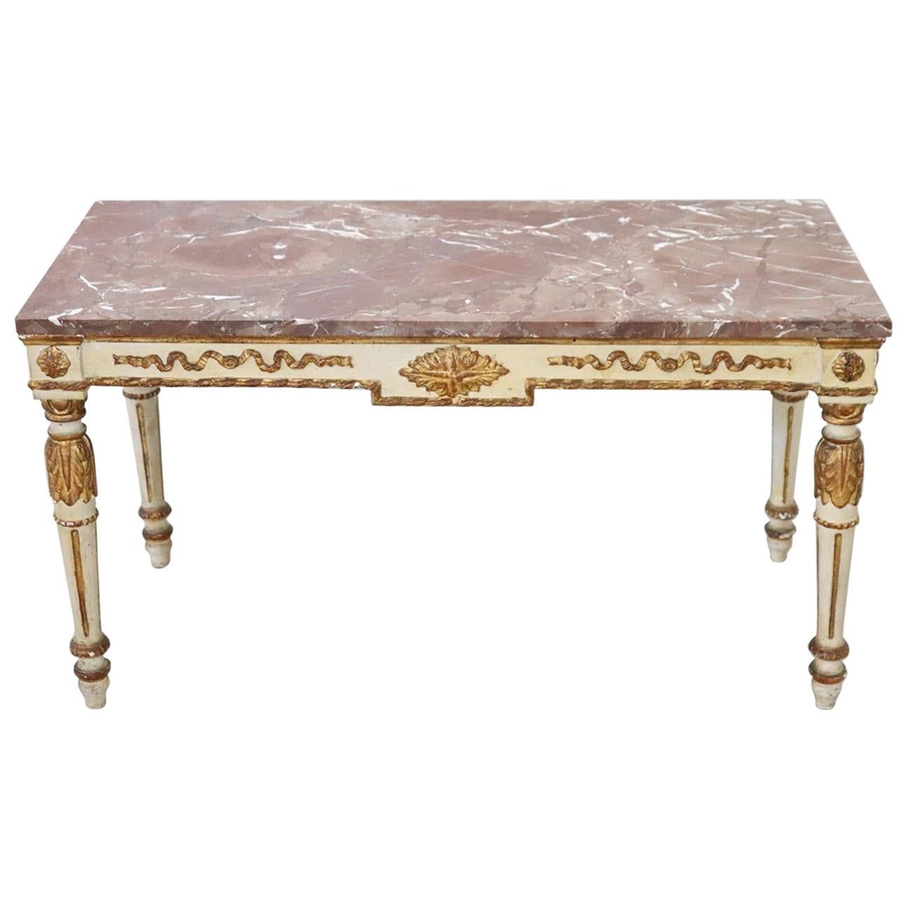 French Louis XVI Style in Lacquered Giltwood Coffee Table with Marble Top