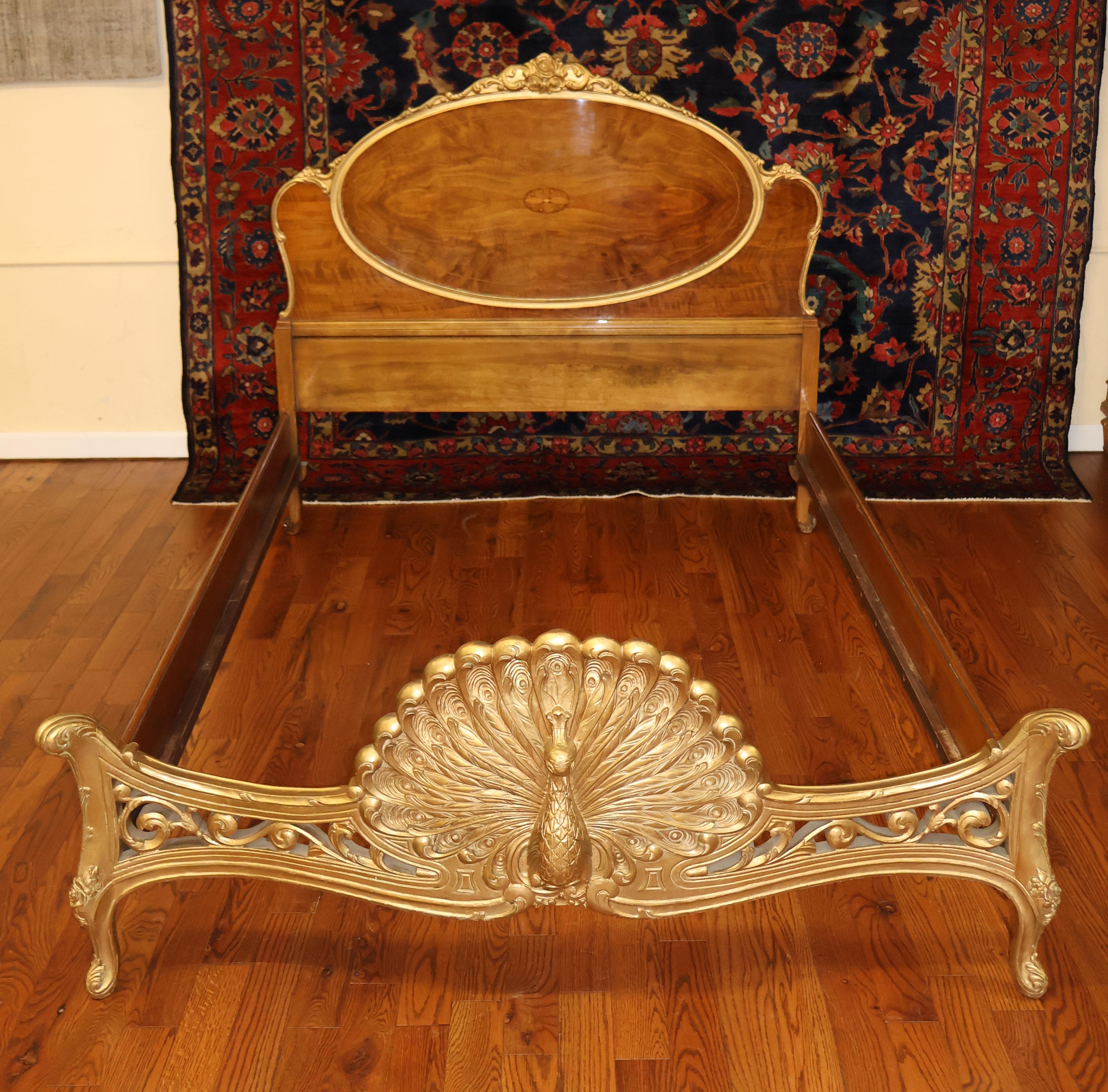American French Louis XVI Style Inlaid Burled Wood Peacock Carved Full Bed For Sale