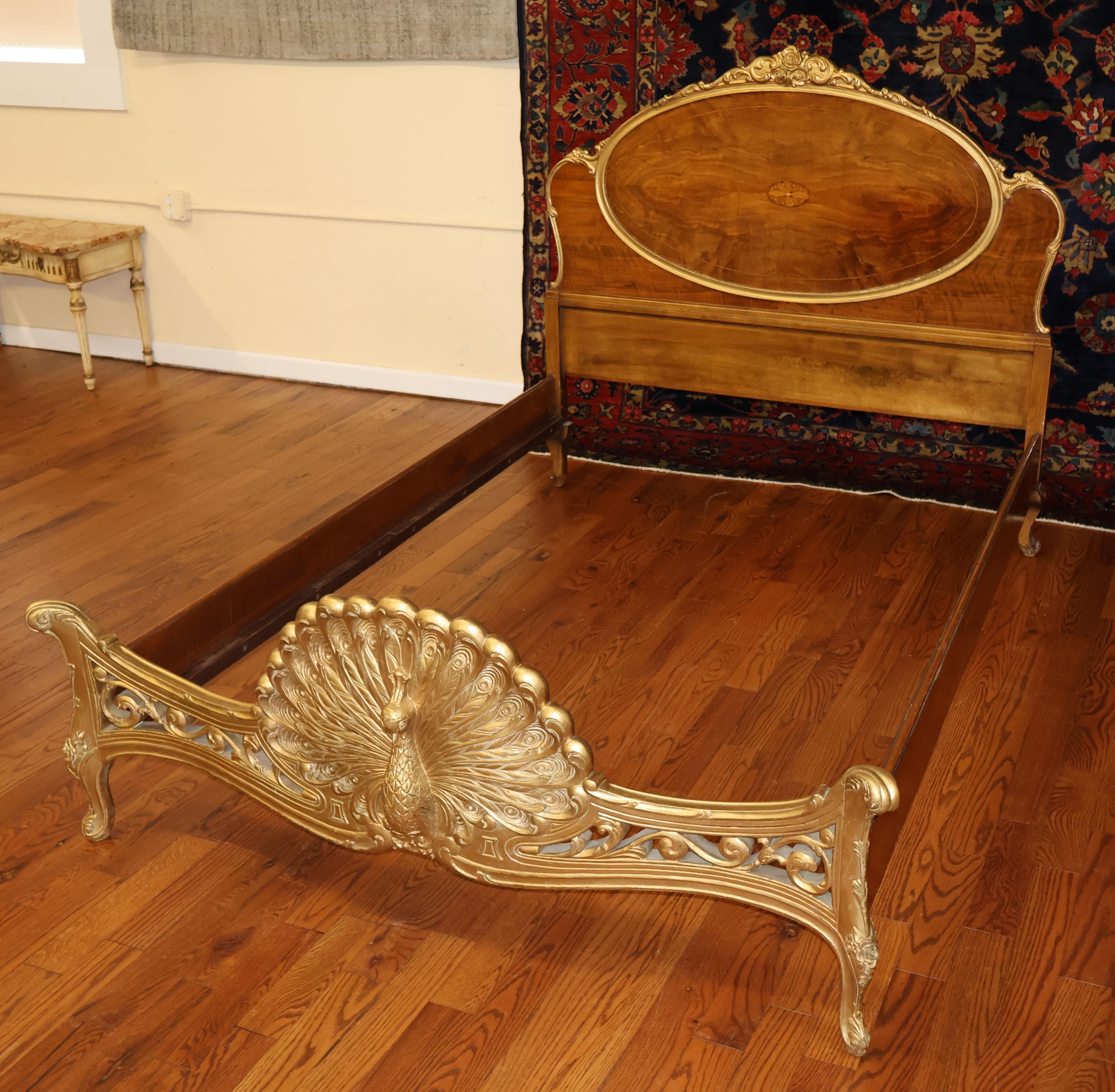 French Louis XVI Style Inlaid Burled Wood Peacock Carved Full Bed In Good Condition For Sale In Long Branch, NJ